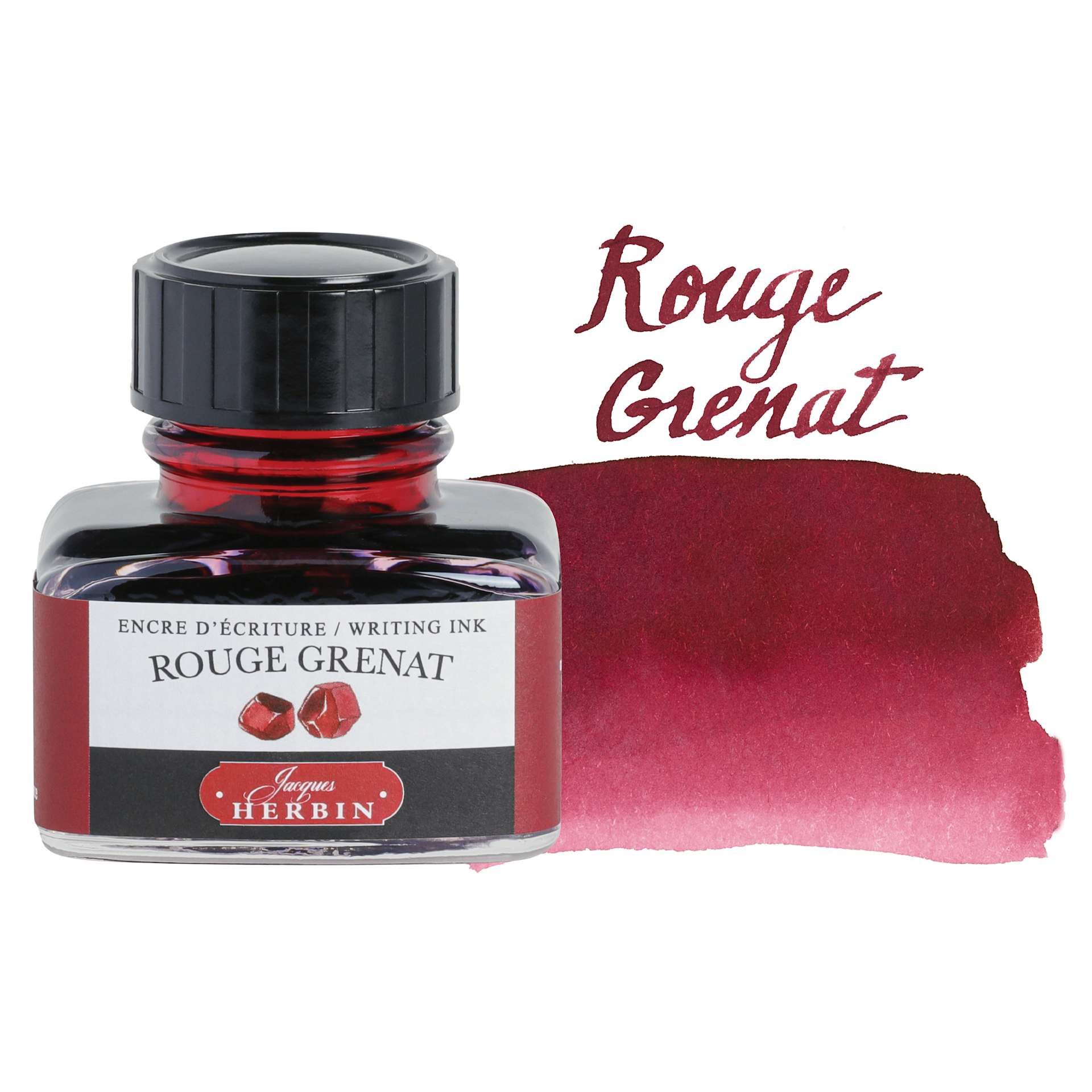 Herbin La Perle des Encres The Jewel of Inks Fountain Pen Ink - Rouge Grenat (Garnet Red), 30 ml bottle with swatch