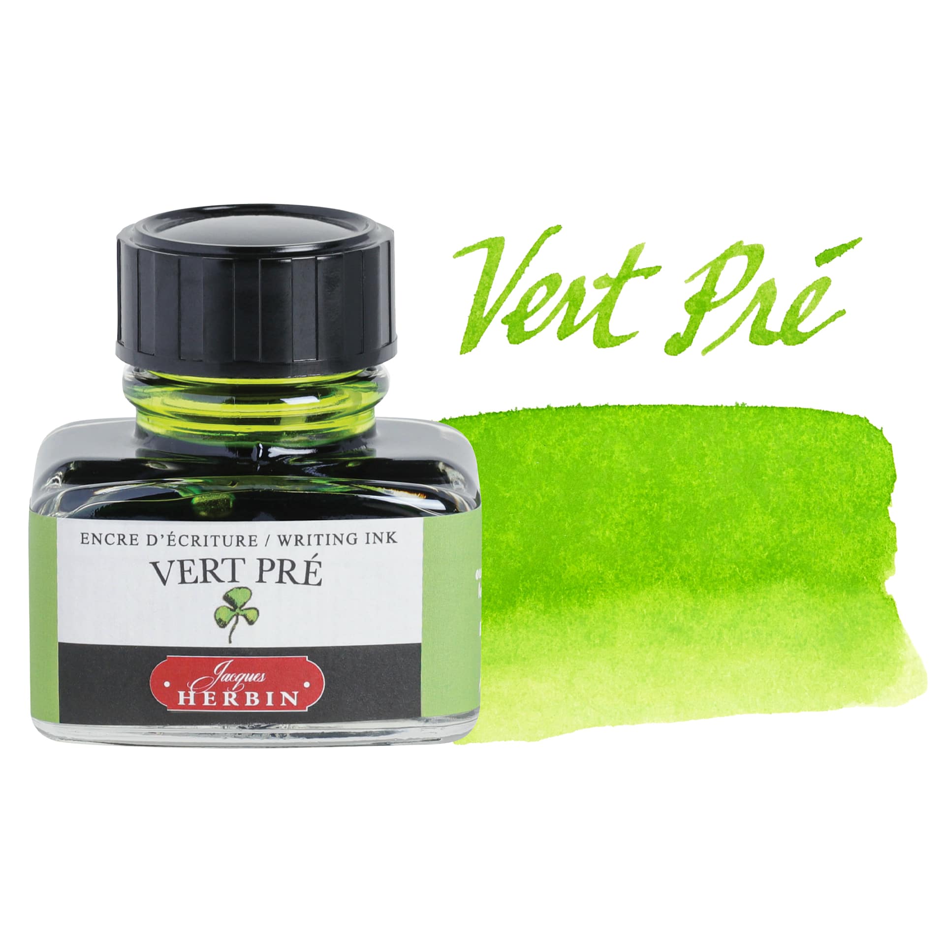 Herbin La Perle des Encres The Jewel of Inks Fountain Pen Ink - Vert Pré (Meadow Green), 30 ml bottle with swatch