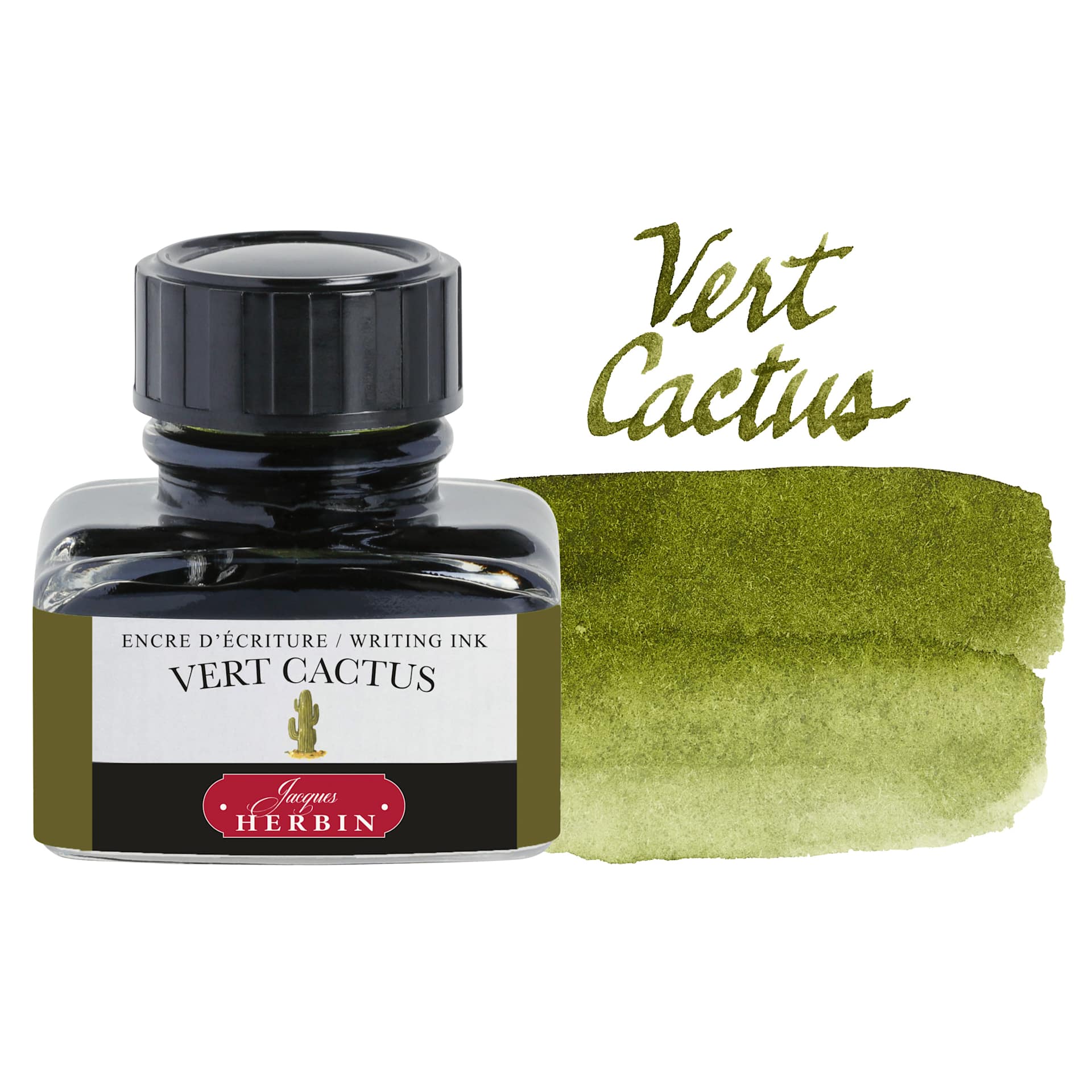 Herbin La Perle des Encres The Jewel of Inks Fountain Pen Ink - Vert Cactus (Cactus Green), 30 ml bottle with swatch