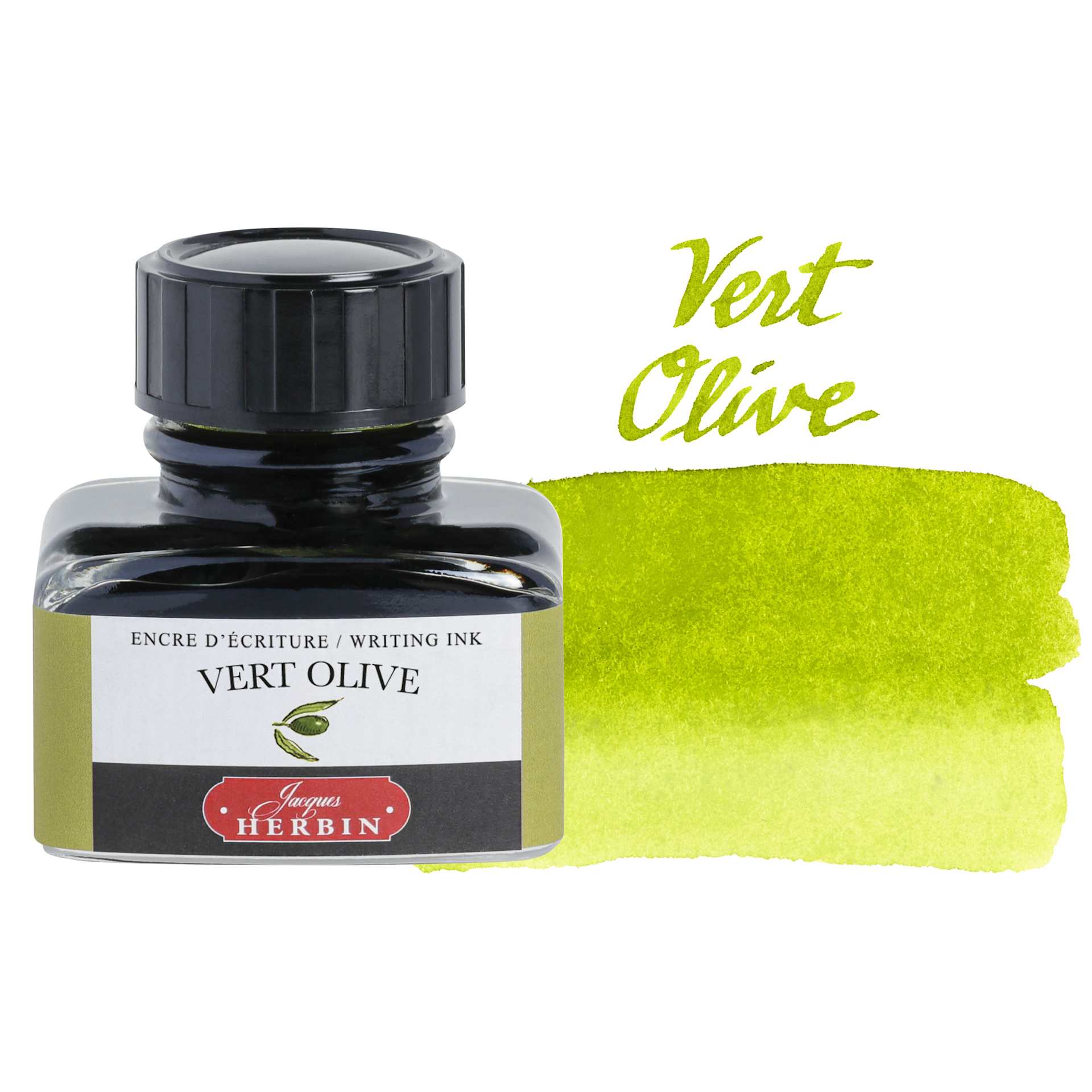 Herbin La Perle des Encres The Jewel of Inks Fountain Pen Ink - Vert Olive (Olive Green), 30 ml bottle with swatch