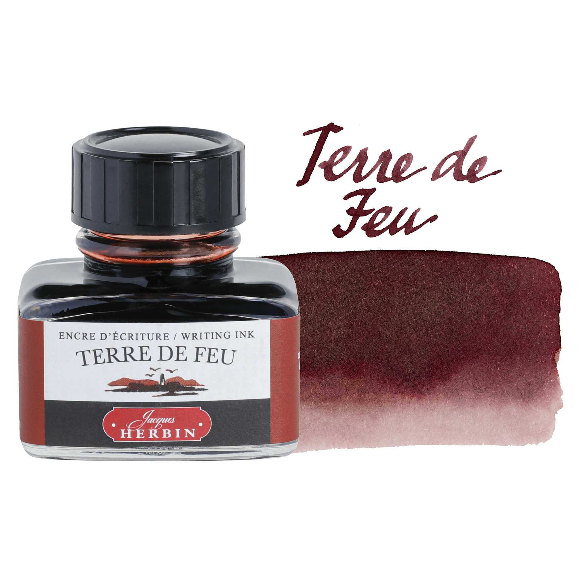 Herbin La Perle des Encres The Jewel of Inks Fountain Pen Ink - Terre de Feu (Land of Fire), 30 ml bottle with swatch