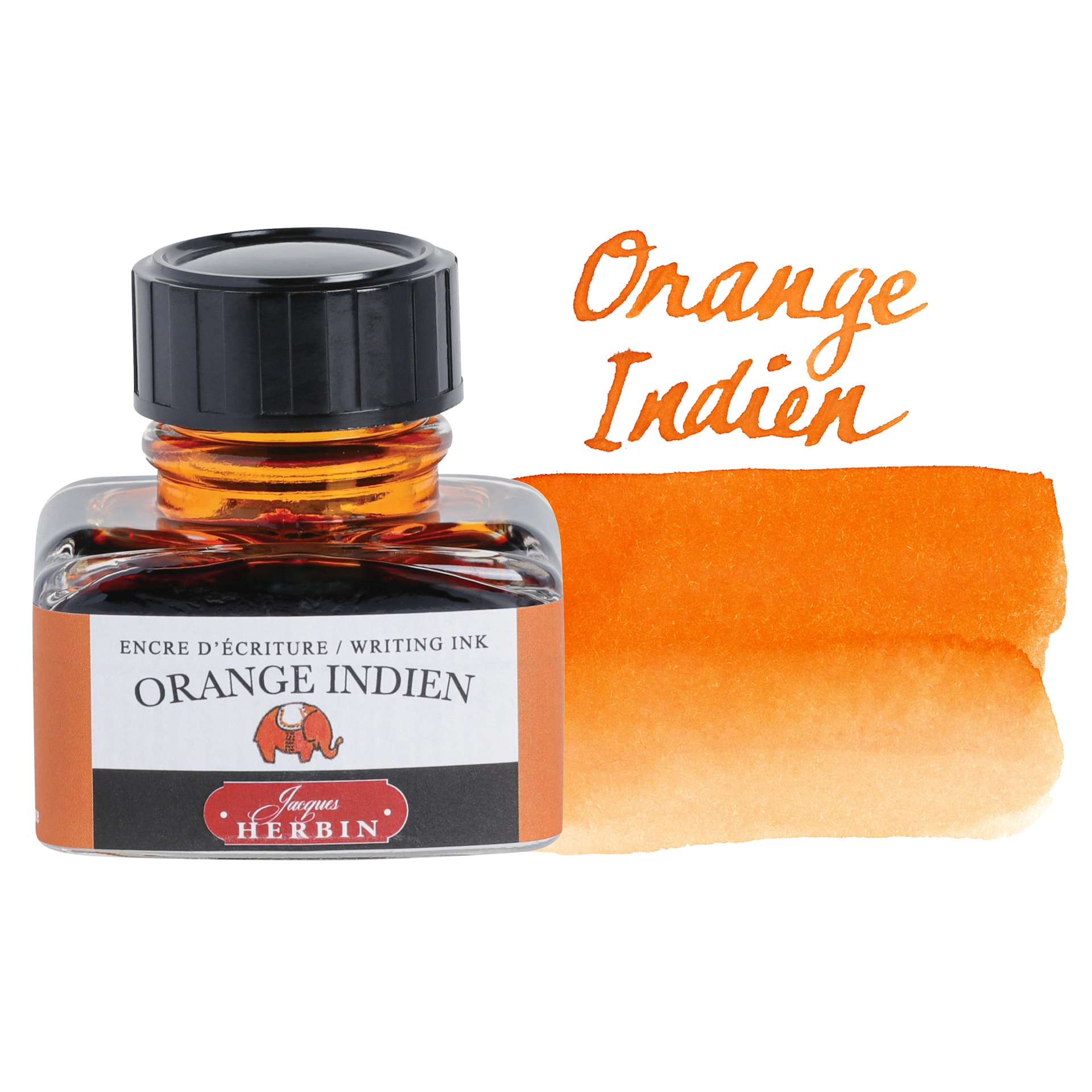 Herbin La Perle des Encres The Jewel of Inks Fountain Pen Ink - Orange Indien (Indian Orange), 30 ml bottle with swatch