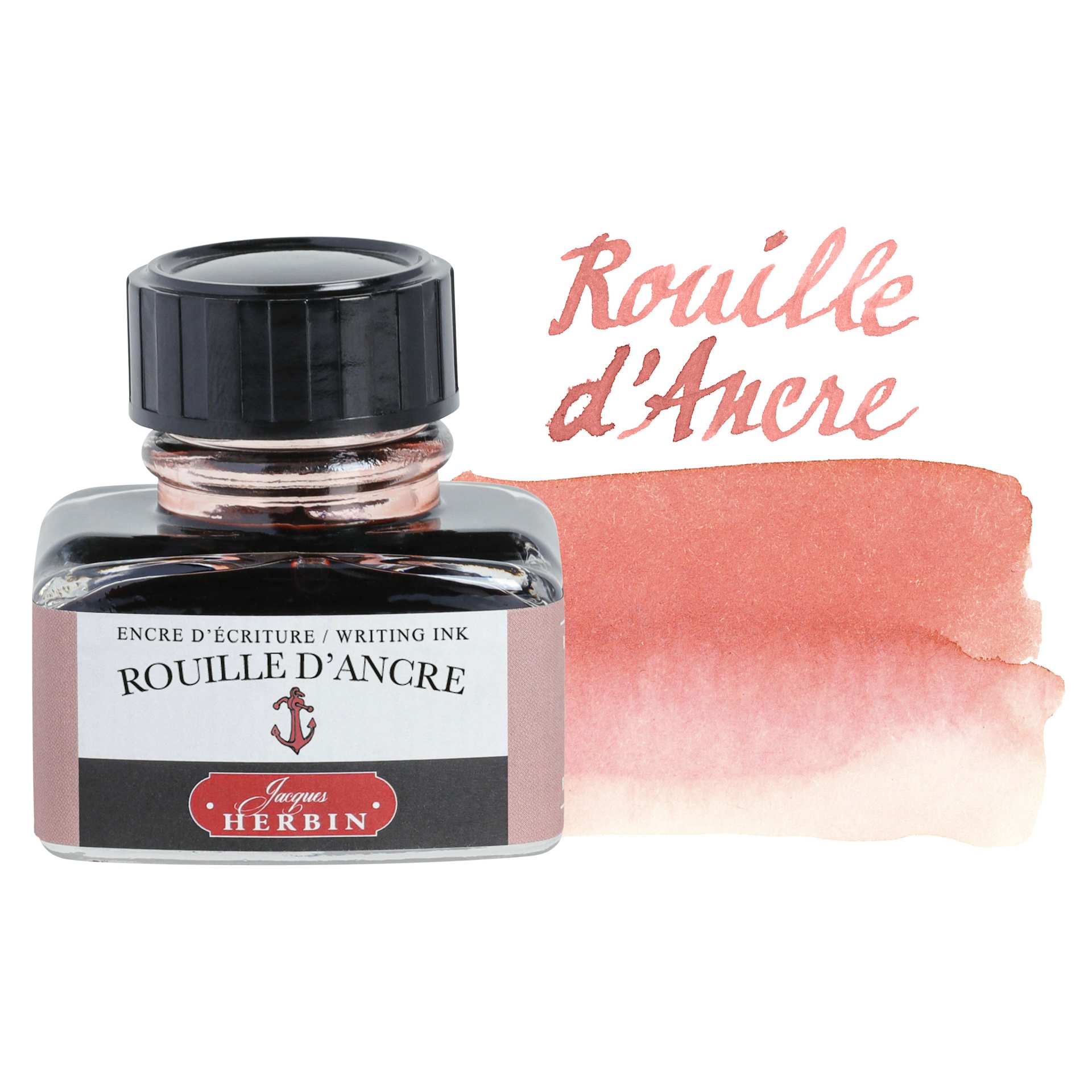 Herbin La Perle des Encres The Jewel of Inks Fountain Pen Ink - Rouille d'Ancre (Anchor Rust), 30 ml bottle with swatch