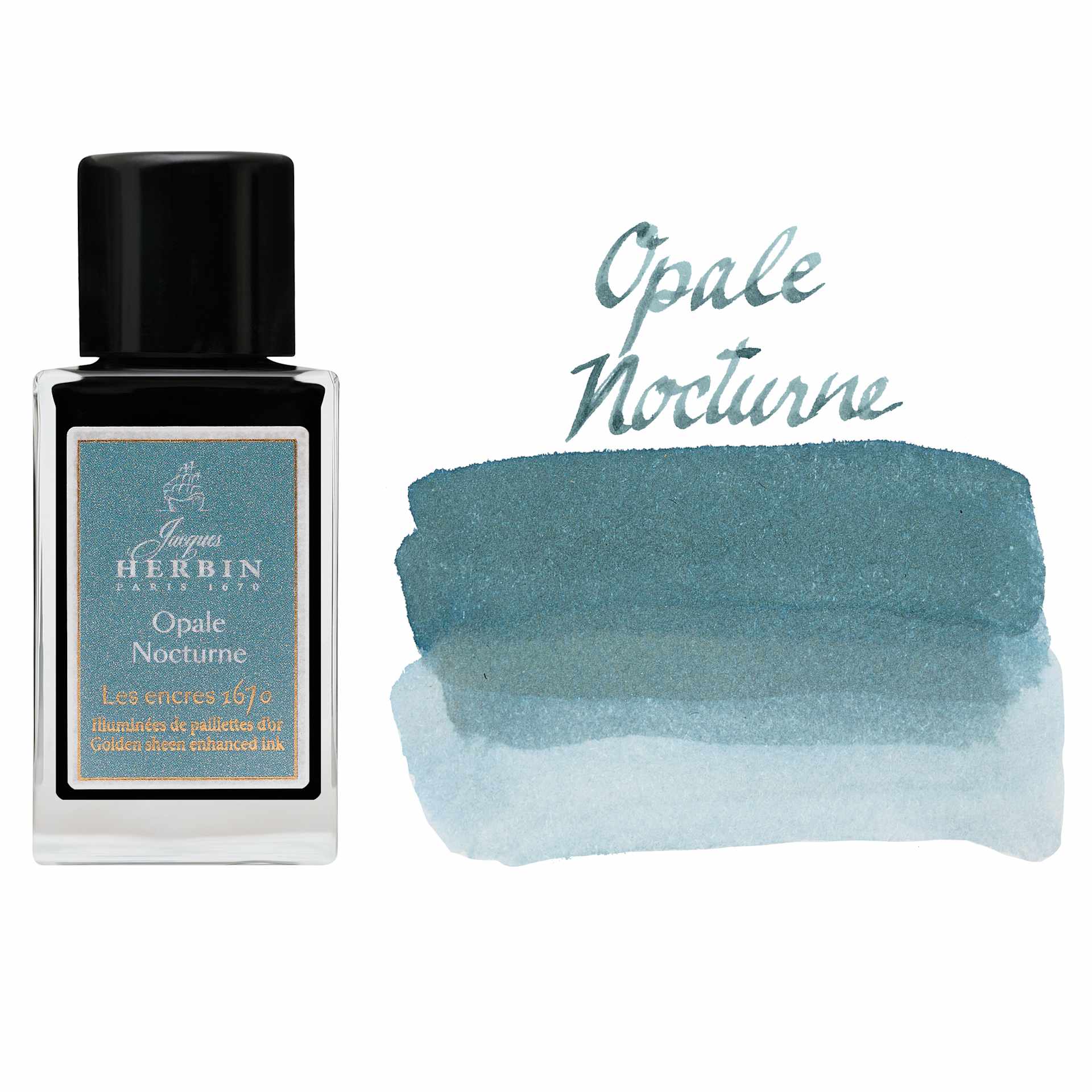 Herbin 1670 Anniversary Collection Fountain Pen Ink - Opale Nocturne, 15 ml bottle with swatch