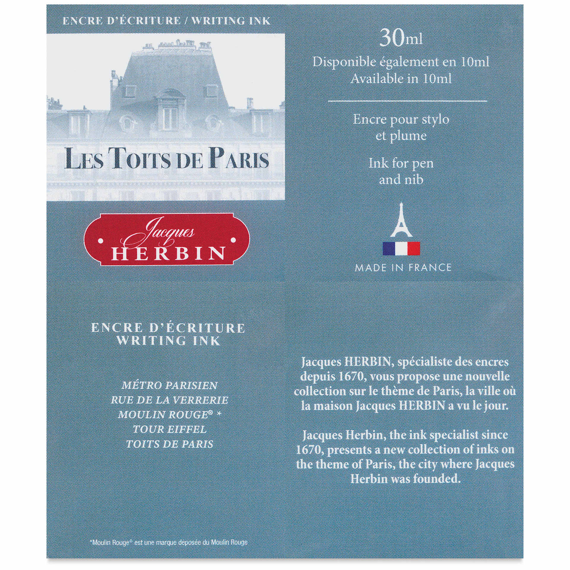 Herbin Paris Collection Fountain Pen Ink - Les Toit de Paris (Grey), 30 ml, back of packaging