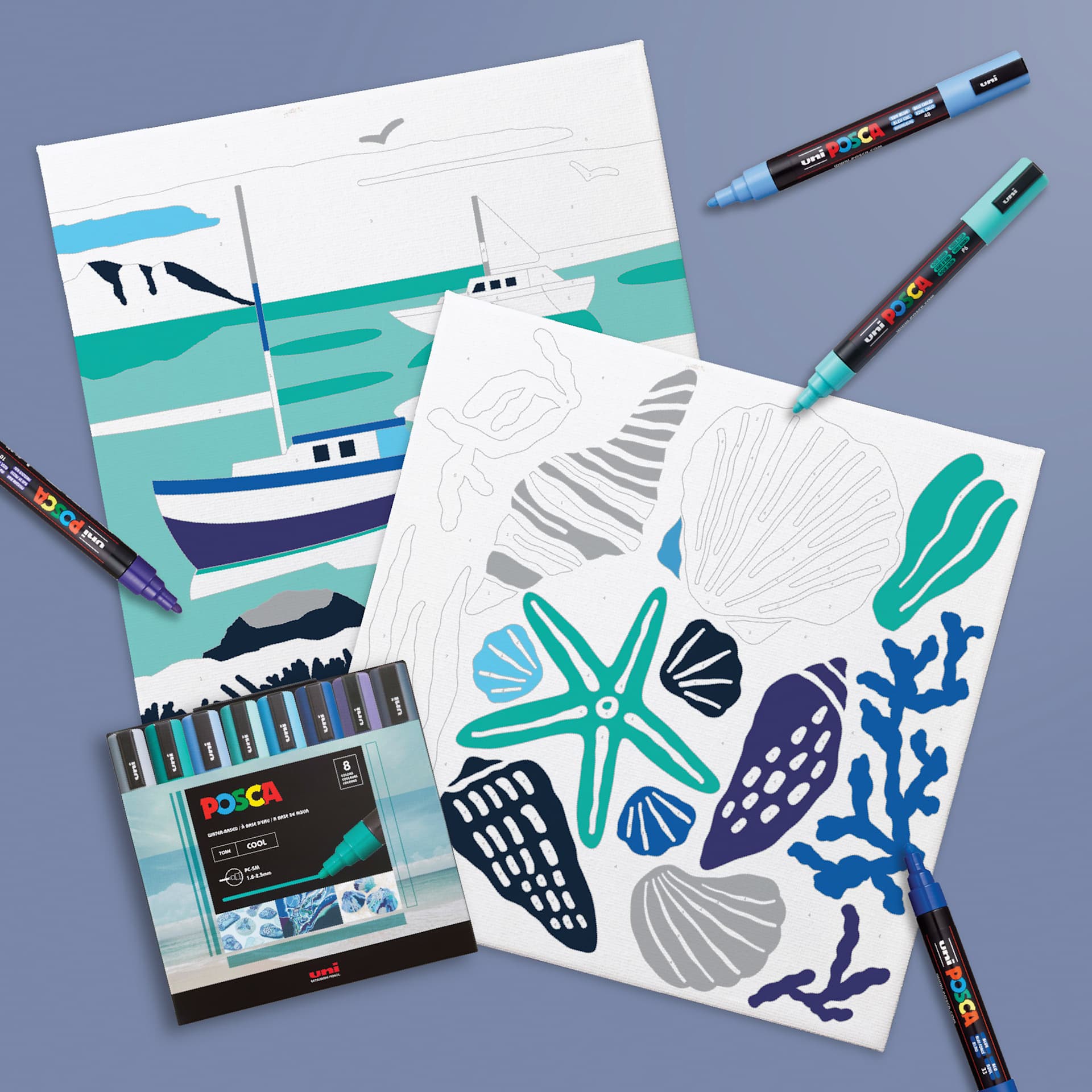 Posca Paint By Number Kit - Harbor Hues, in progress