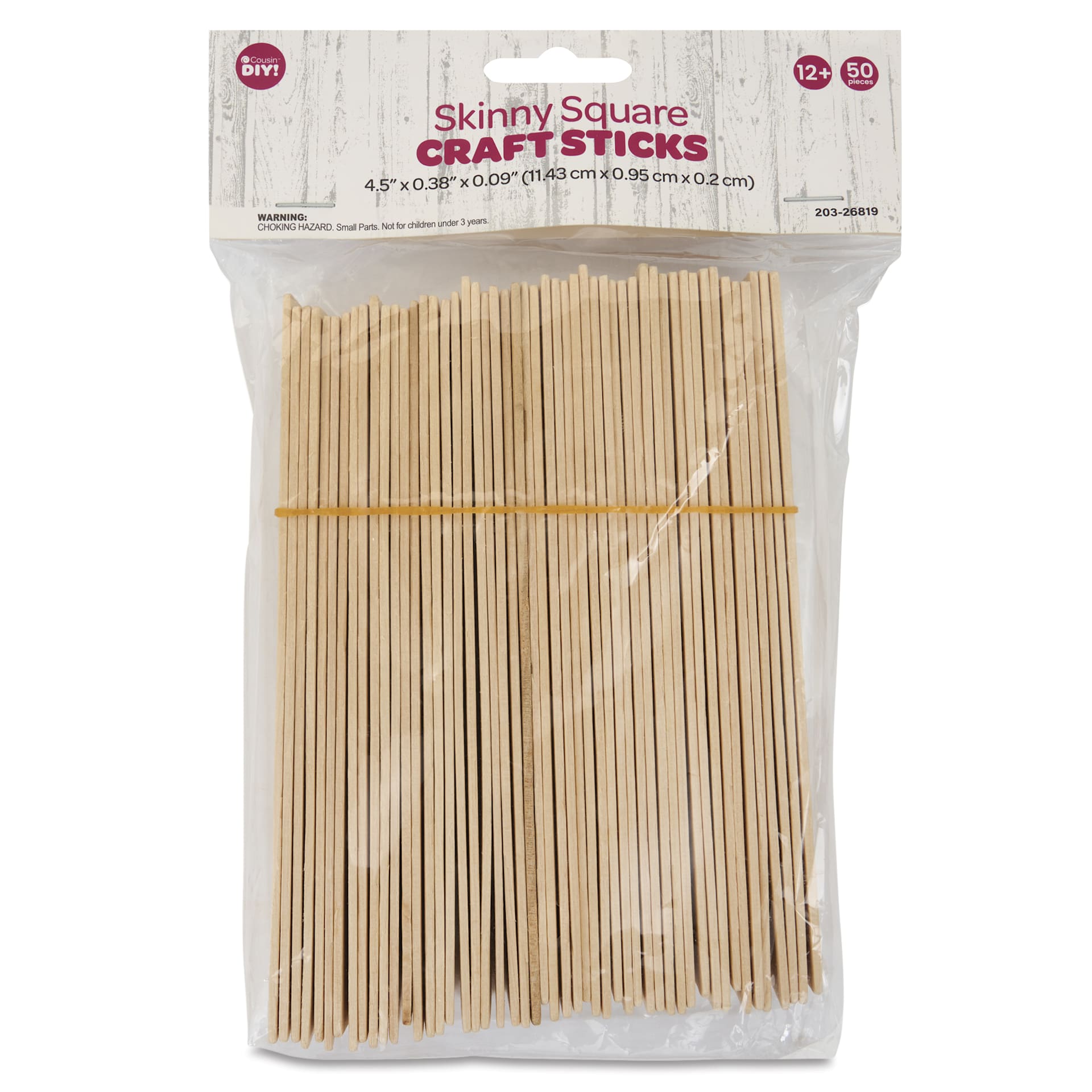 Cousin DIY Skinny Craft Sticks - Skinny Square, Pkg of 50, Natural, 1/10" H x 2/5" W x 4-1/2" L, front of packaging