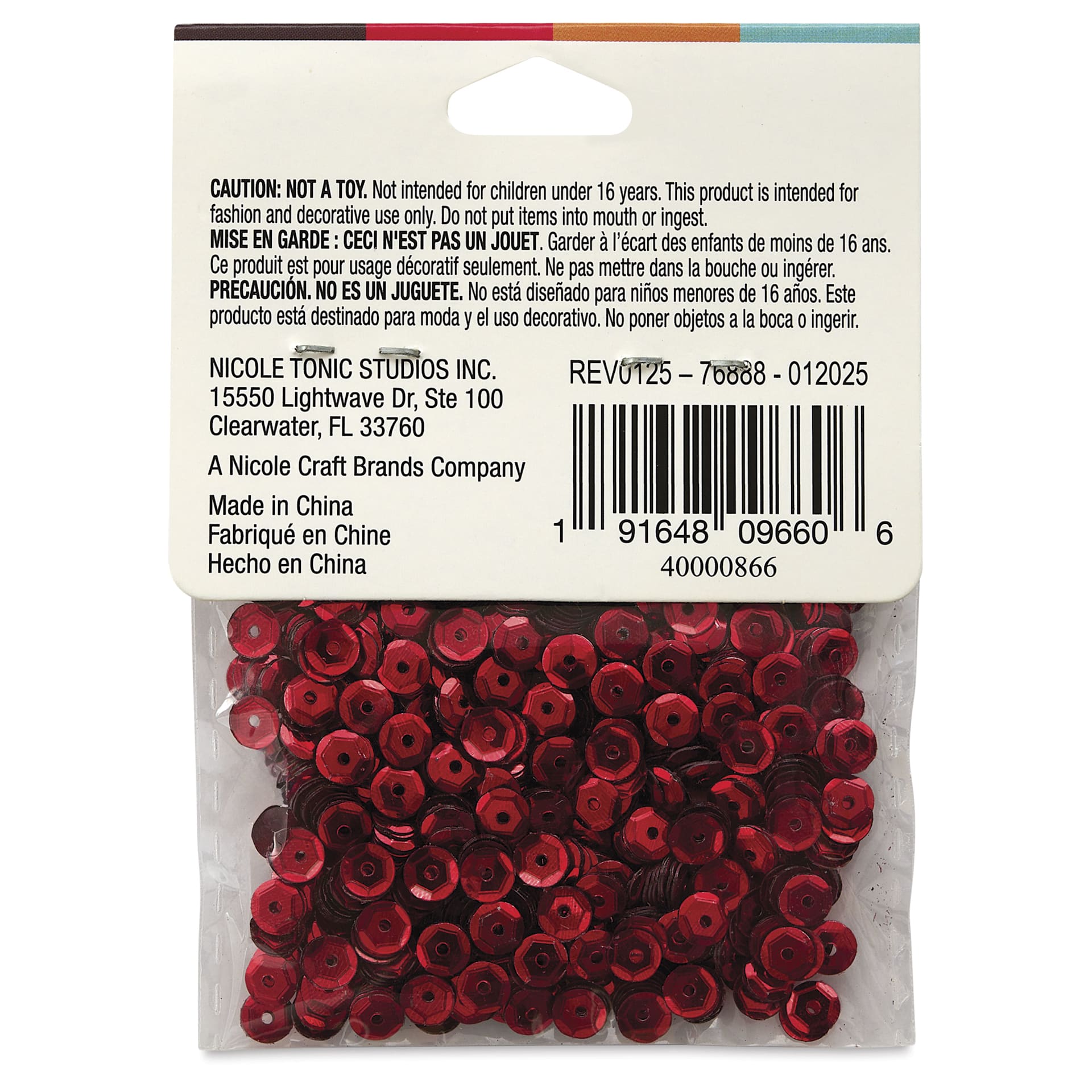 Cousin DIY Cupped Sequins - Pkg of 800, Red, 5 mm, back of packaging