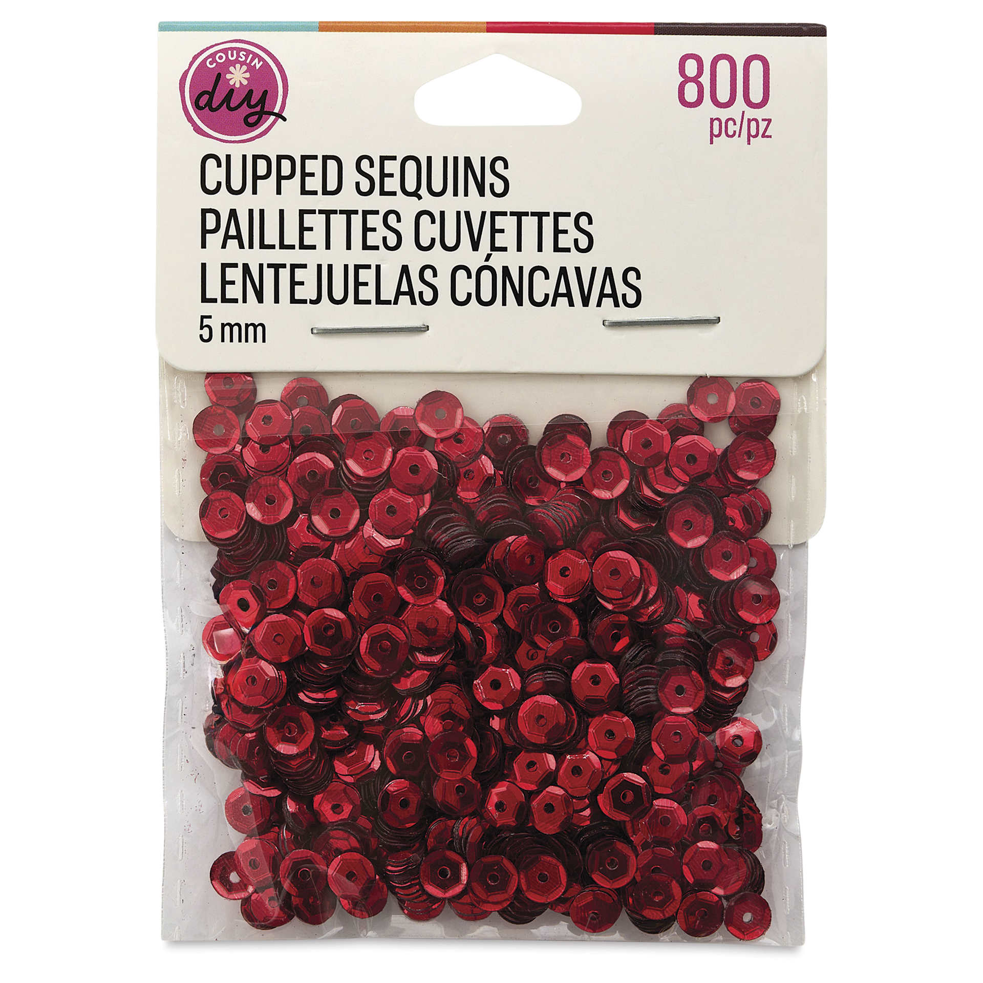 Cousin DIY Cupped Sequins - Pkg of 800, Red, 5 mm, front of packaging