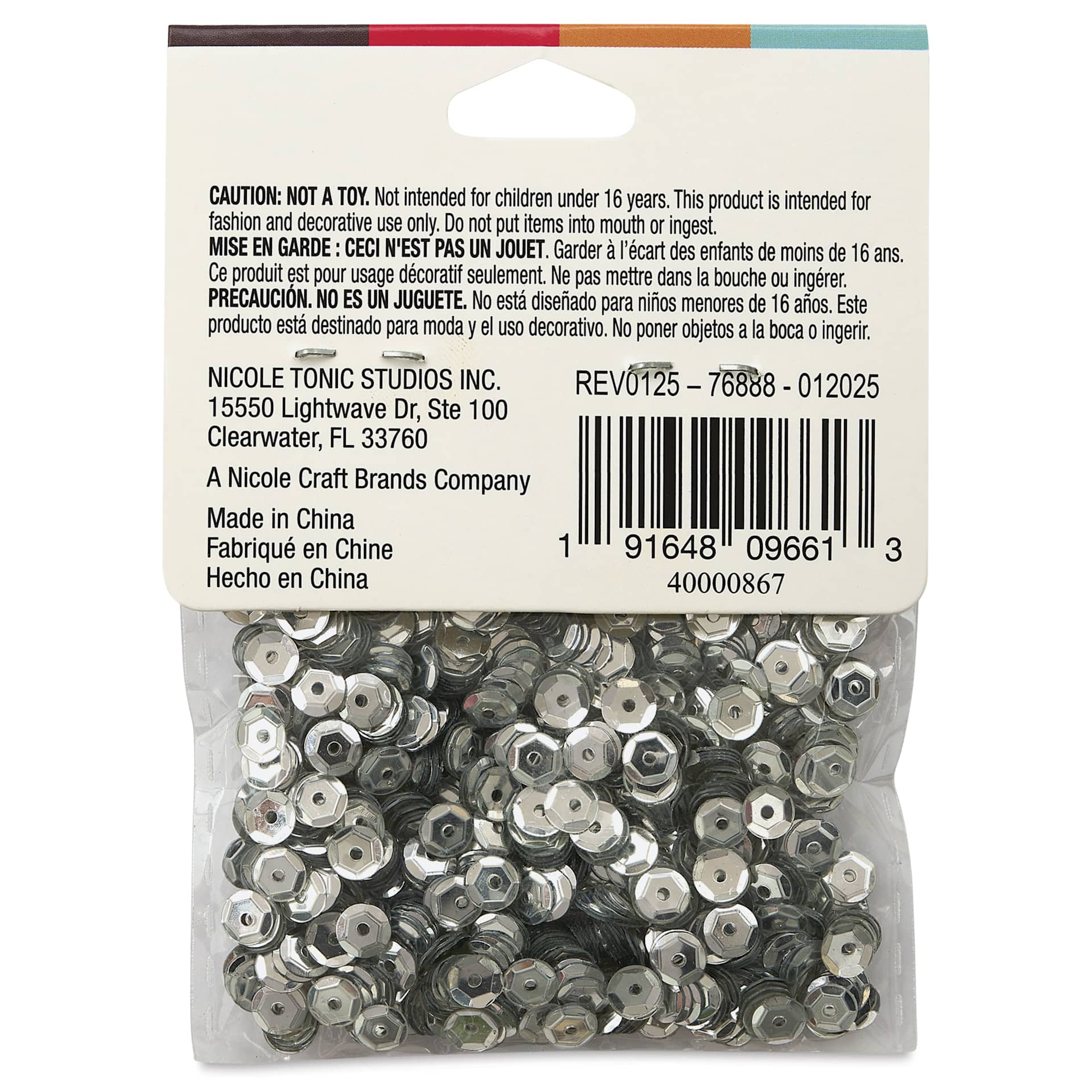 Cousin DIY Cupped Sequins - Pkg of 800, Silver, 5 mm, back of packaging