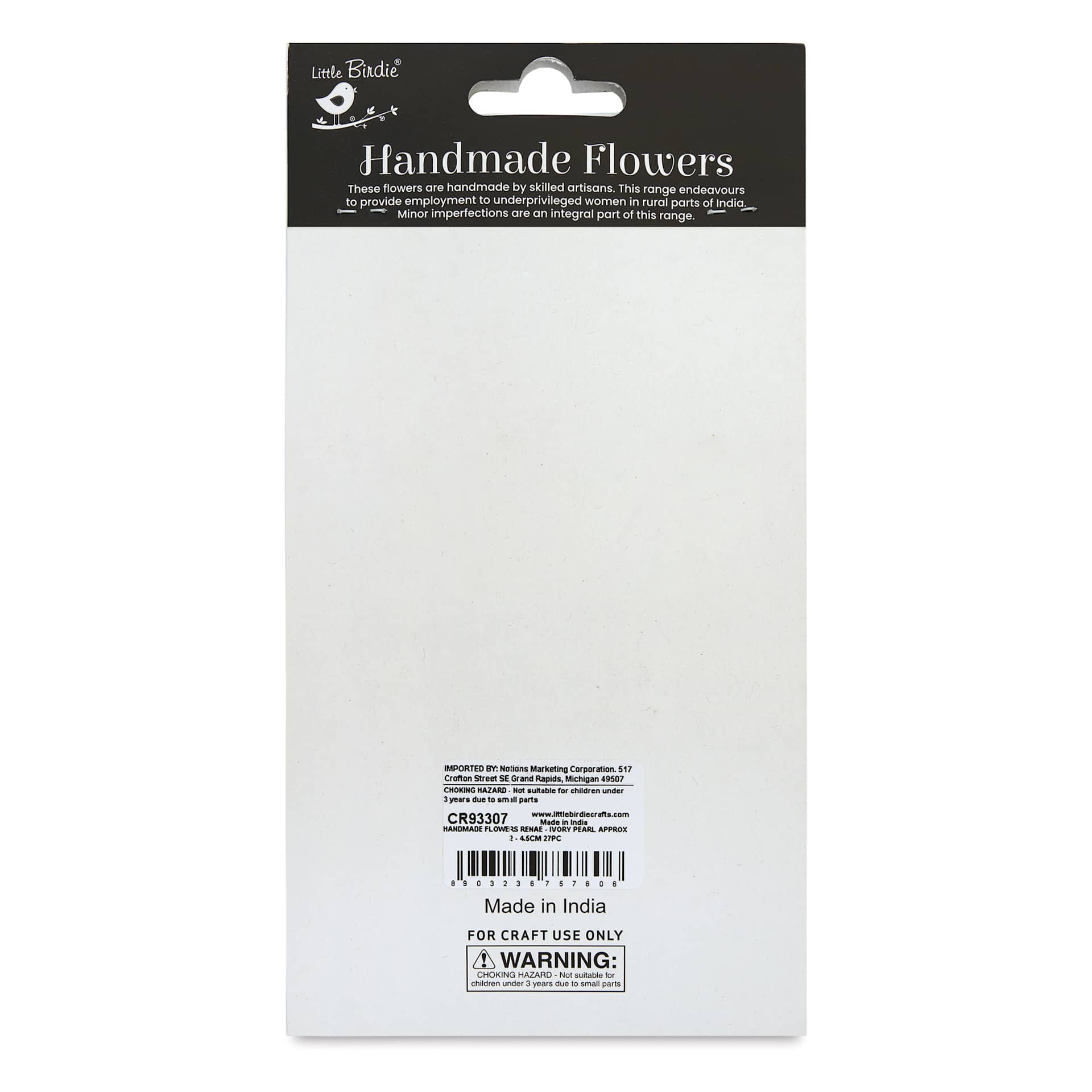 Little Birdie Renae Paper Flowers - Ivory Pearl, Pkg of 27 - back of packaging