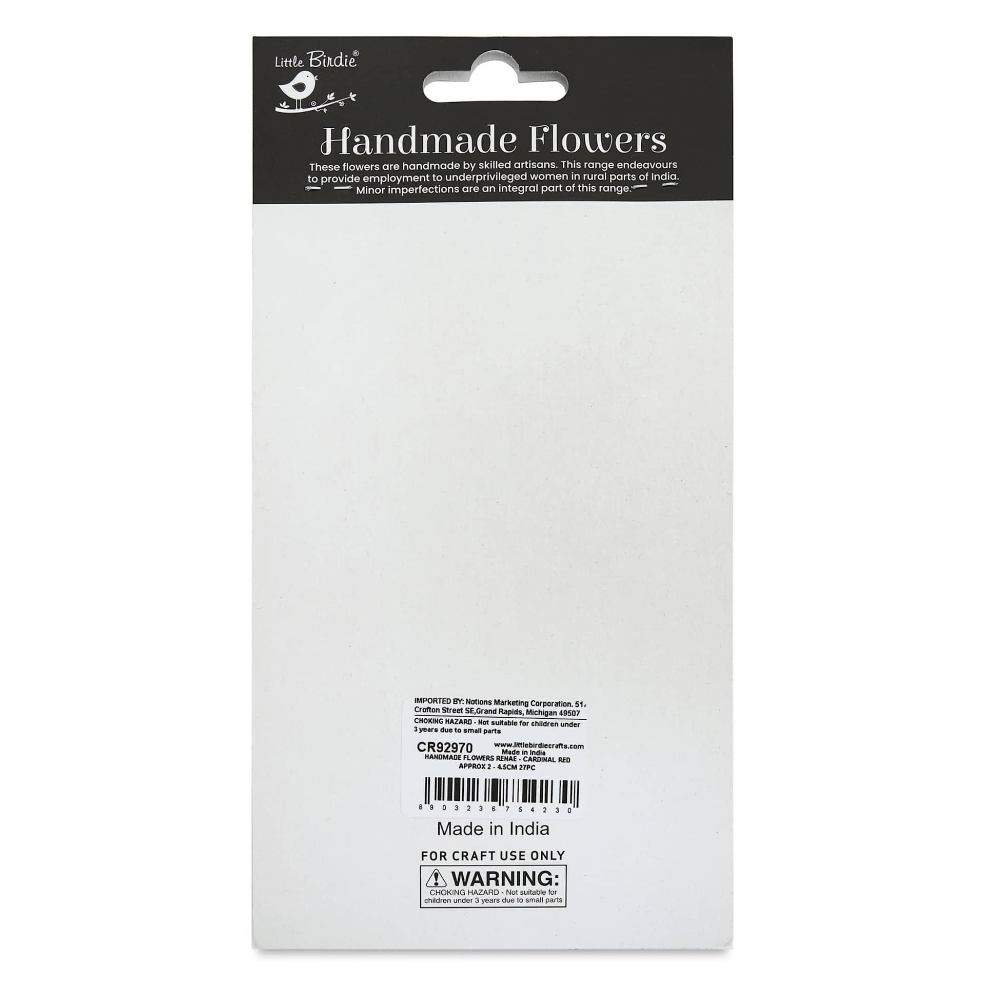 Little Birdie Renae Paper Flowers - Cardinal Red, Pkg of 27 - back of packaging