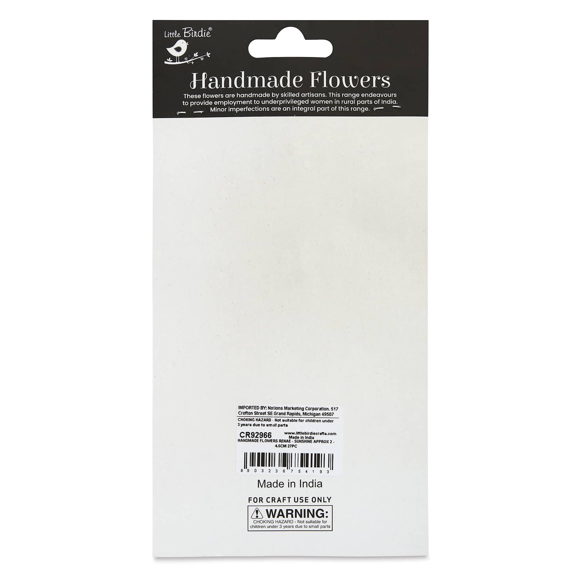 Little Birdie Renae Paper Flowers - Sunshine, Pkg of 27 - back of packaging