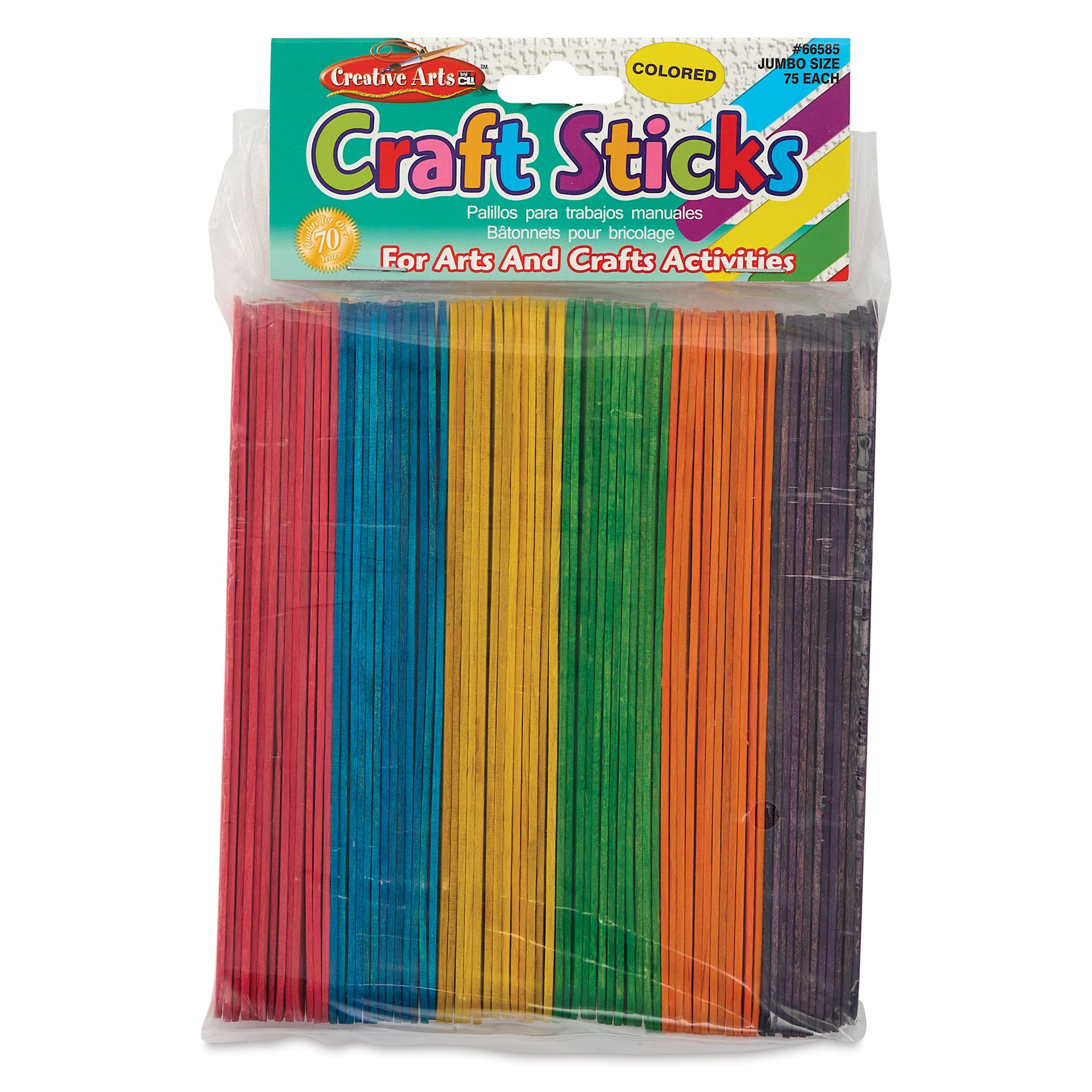Creative Arts by Charles Leonard Craft Sticks - Pkg of 75, Jumbo, Colored, 6" x 3/4" front of packaging
