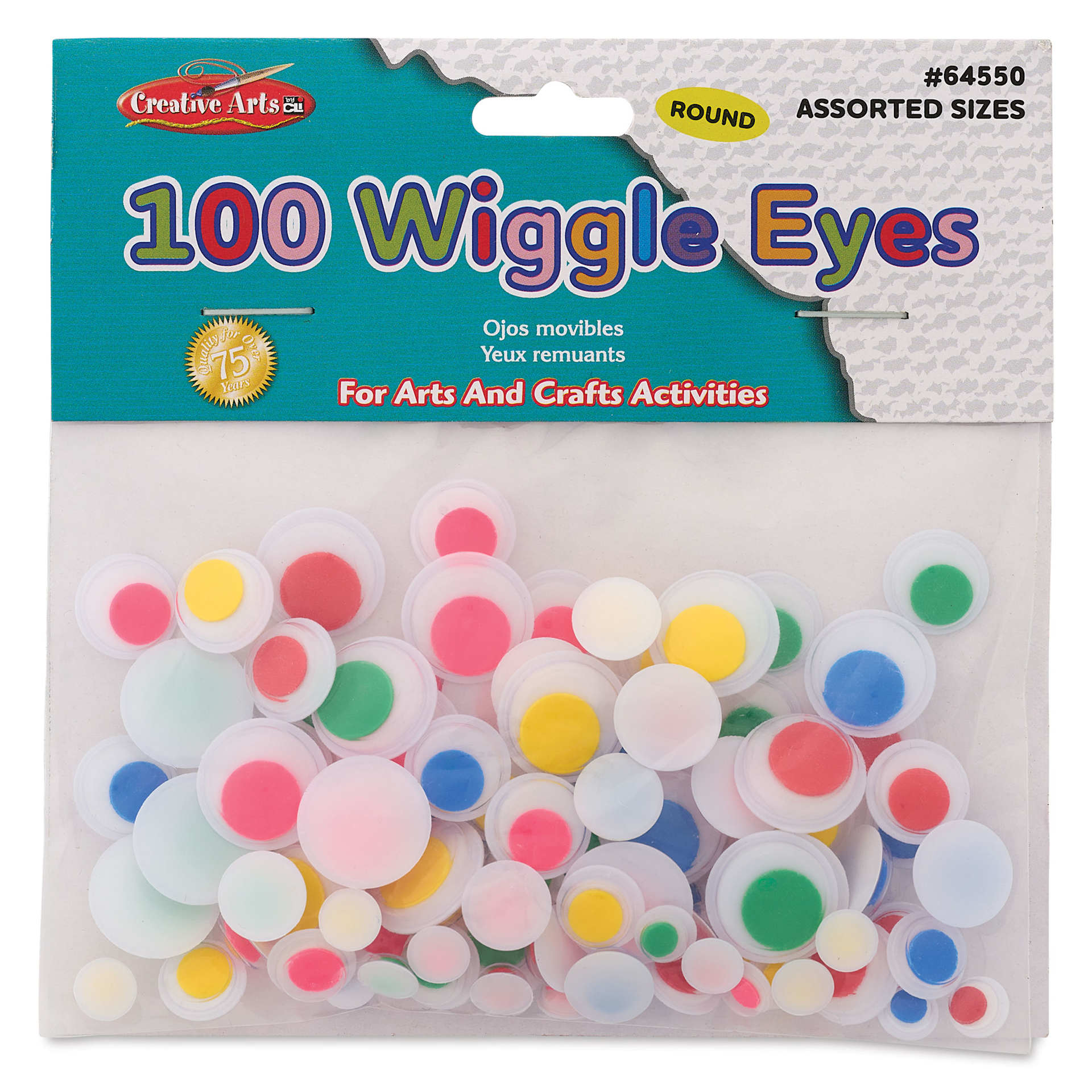 Creative Arts by Charles Leonard Wiggle Eyes - Pkg of 100, Assorted Colors, Round, Assorted Sizes front of packaging