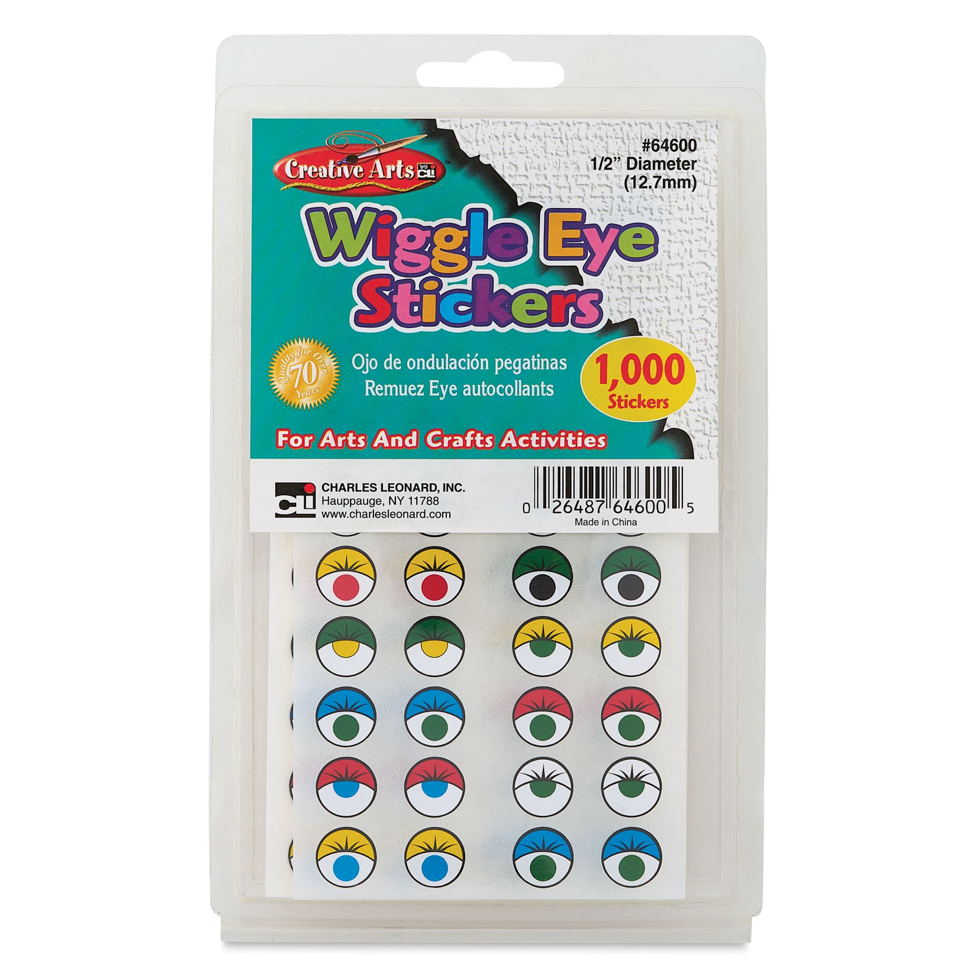 Creative Arts by Charles Leonard Wiggle Eye Stickers - Pkg of 1000, Assorted Colors, 1/2" front of packaging