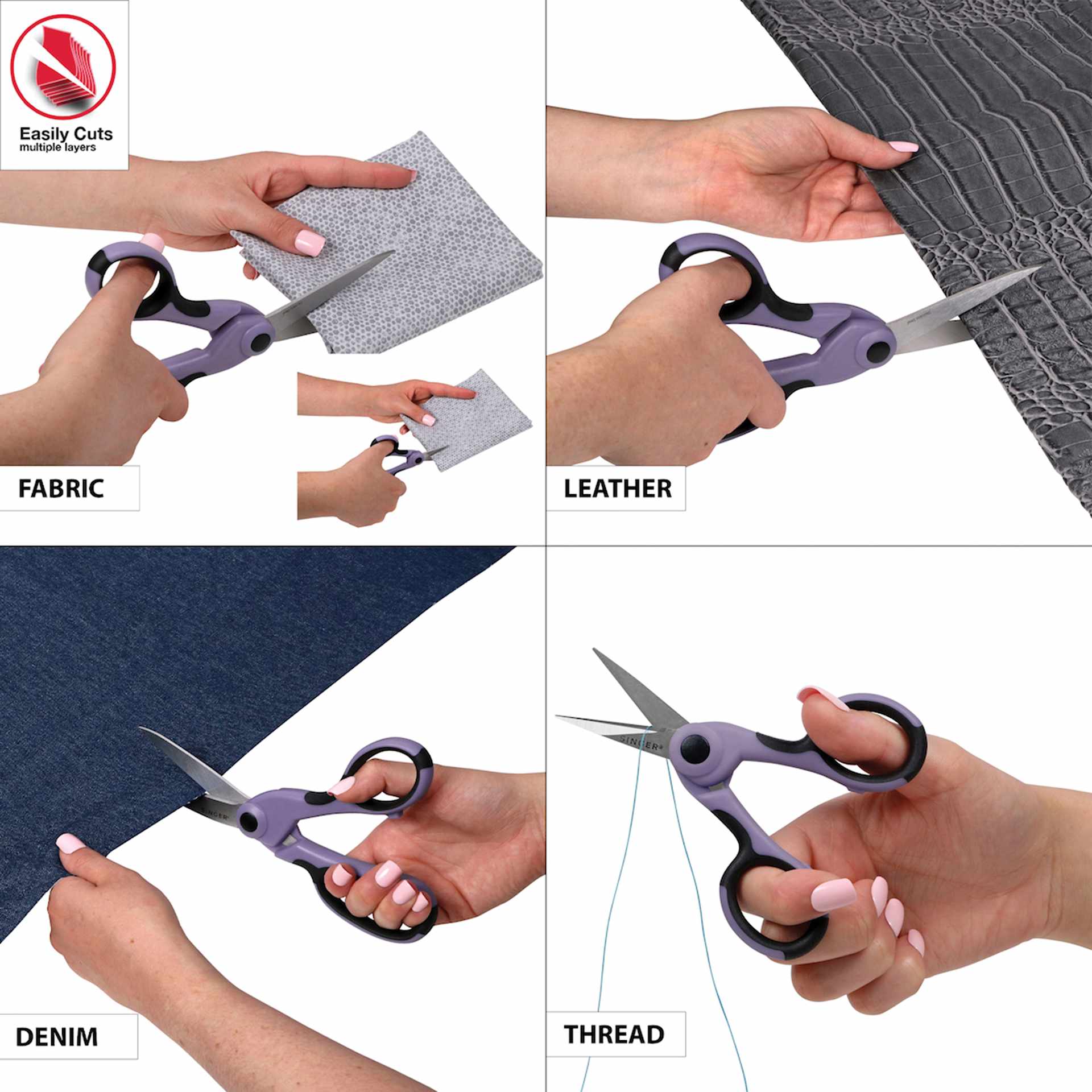 Easily cuts multiple layers: fabric, leather, denim, thread