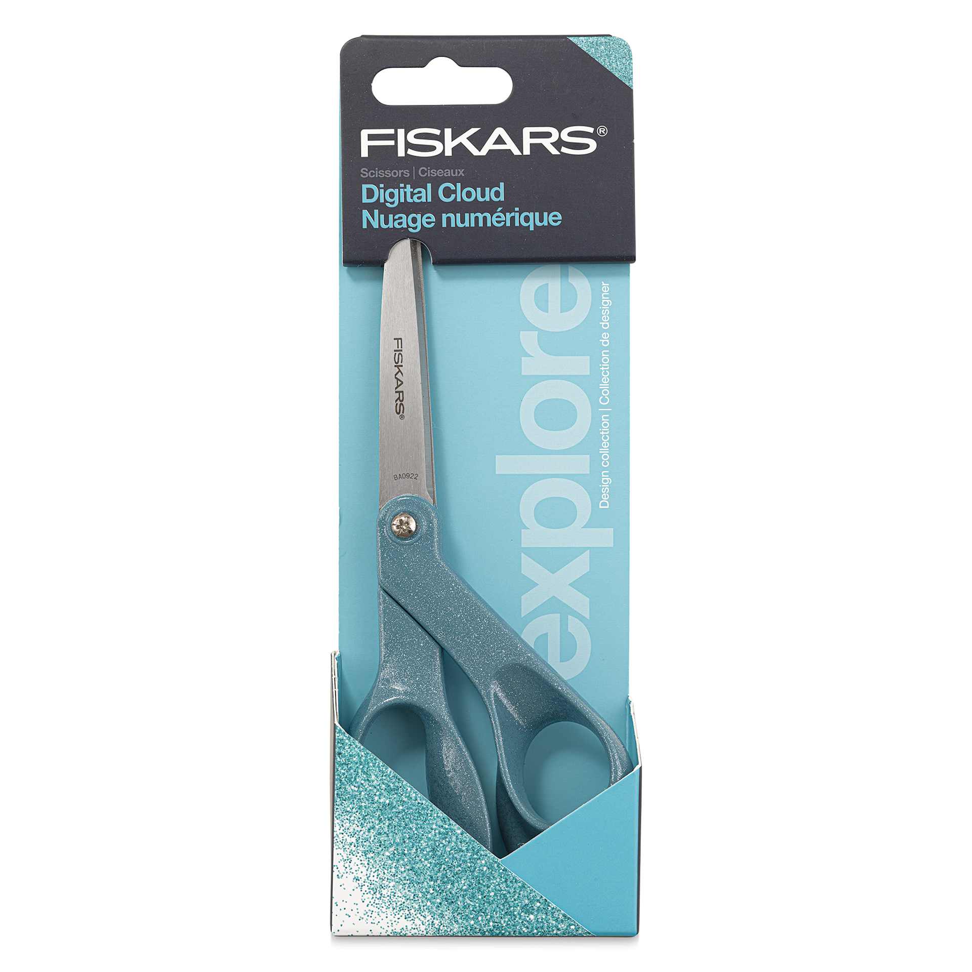 Fiskars Explore Collection Glitter Scissors - Digital Cloud, 8" - front of packaging