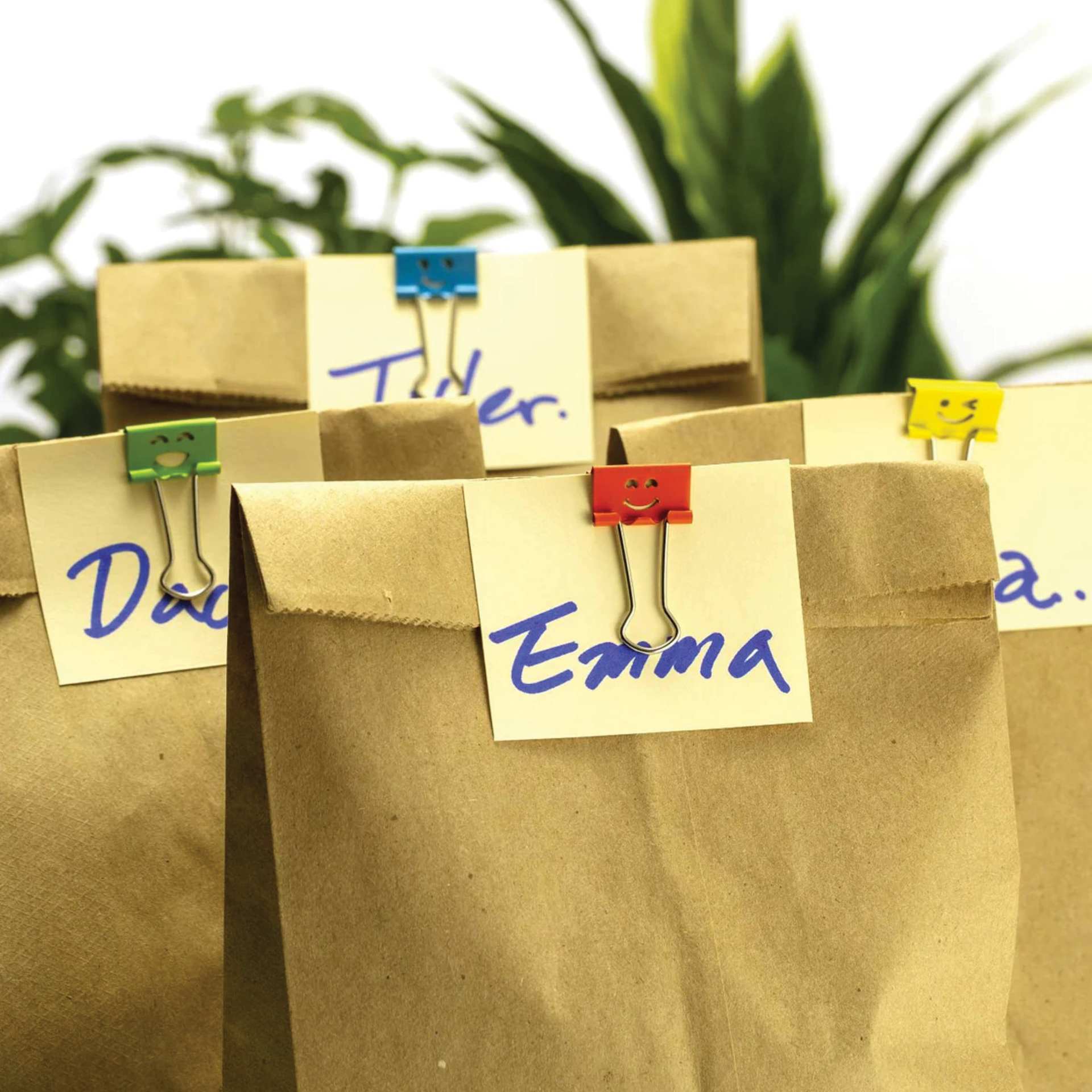 Officemate Smiling Face Binder Clips - Pkg of 42, 3/4" clipped to lunch bag