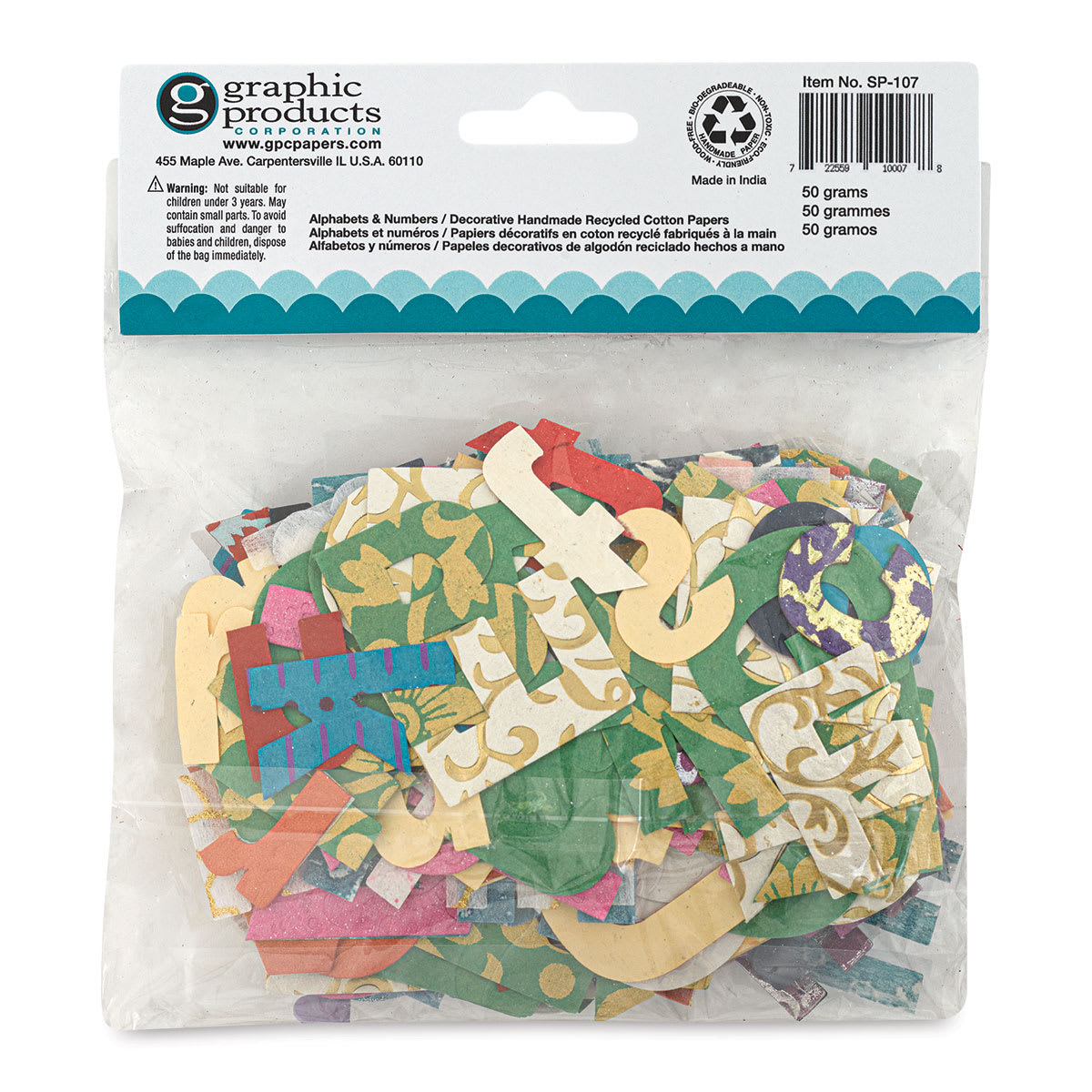 Black Ink Decorative Paper Alphabets and Numbers Pack - 50 grams (Back of packaging)