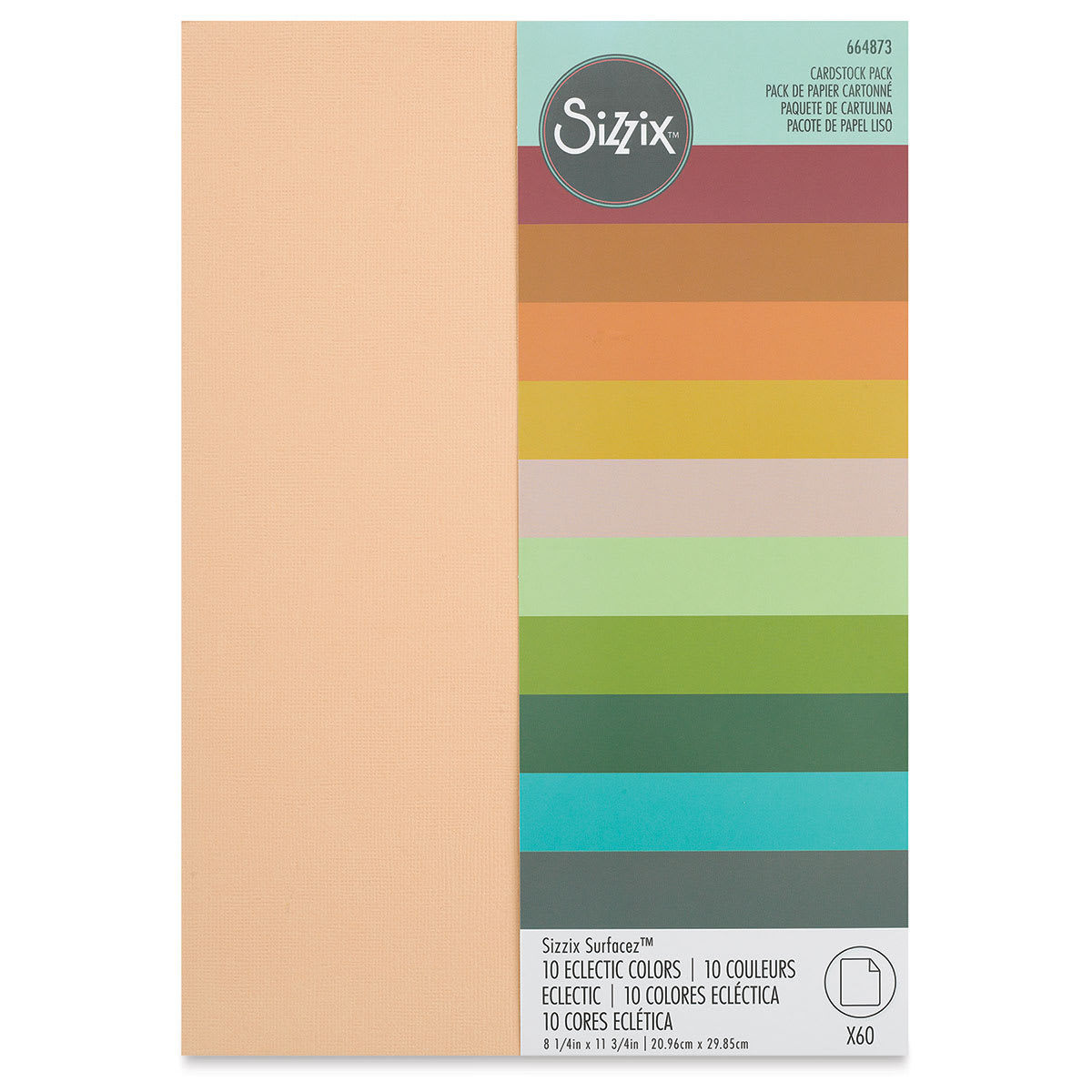 Sizzix Surfacez Cardstock - Eclectic Colors, Package of 60 Sheets, 8-1/4"W x 11-3/4"L, 216 gsm (Front of packaging)