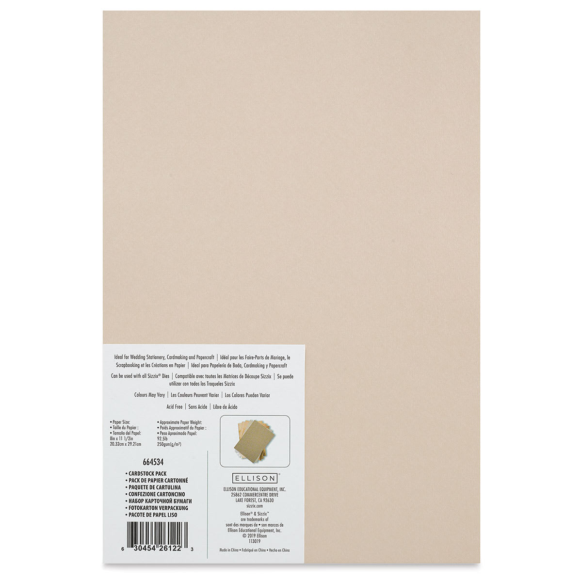 Sizzix Surfacez Opulent Cardstock - Rose Gold, Package of 50 Sheets, 8"W x 11-1/2"L, 250 gsm (Back of packaging)