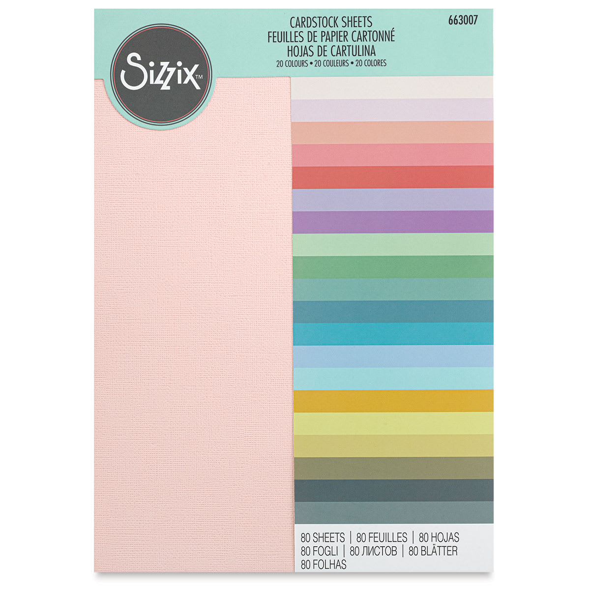 Sizzix Surfacez Cardstock - Assorted Colors, Package of 80 Sheets, 8-1/4"W x 11-3/4"L, 216 gsm (Front of packaging)