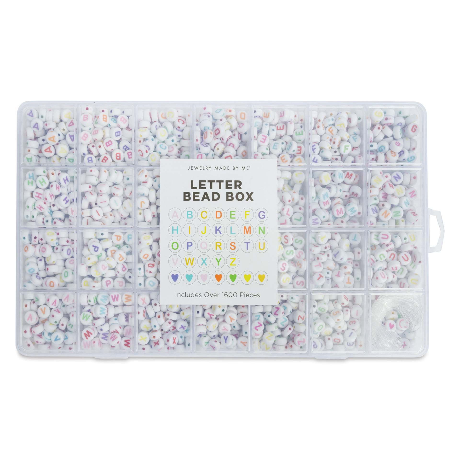 Jewelry Made By Me Letter Bead Box - Pkg of 1,600, White Beads, Assorted Letters with closed lid