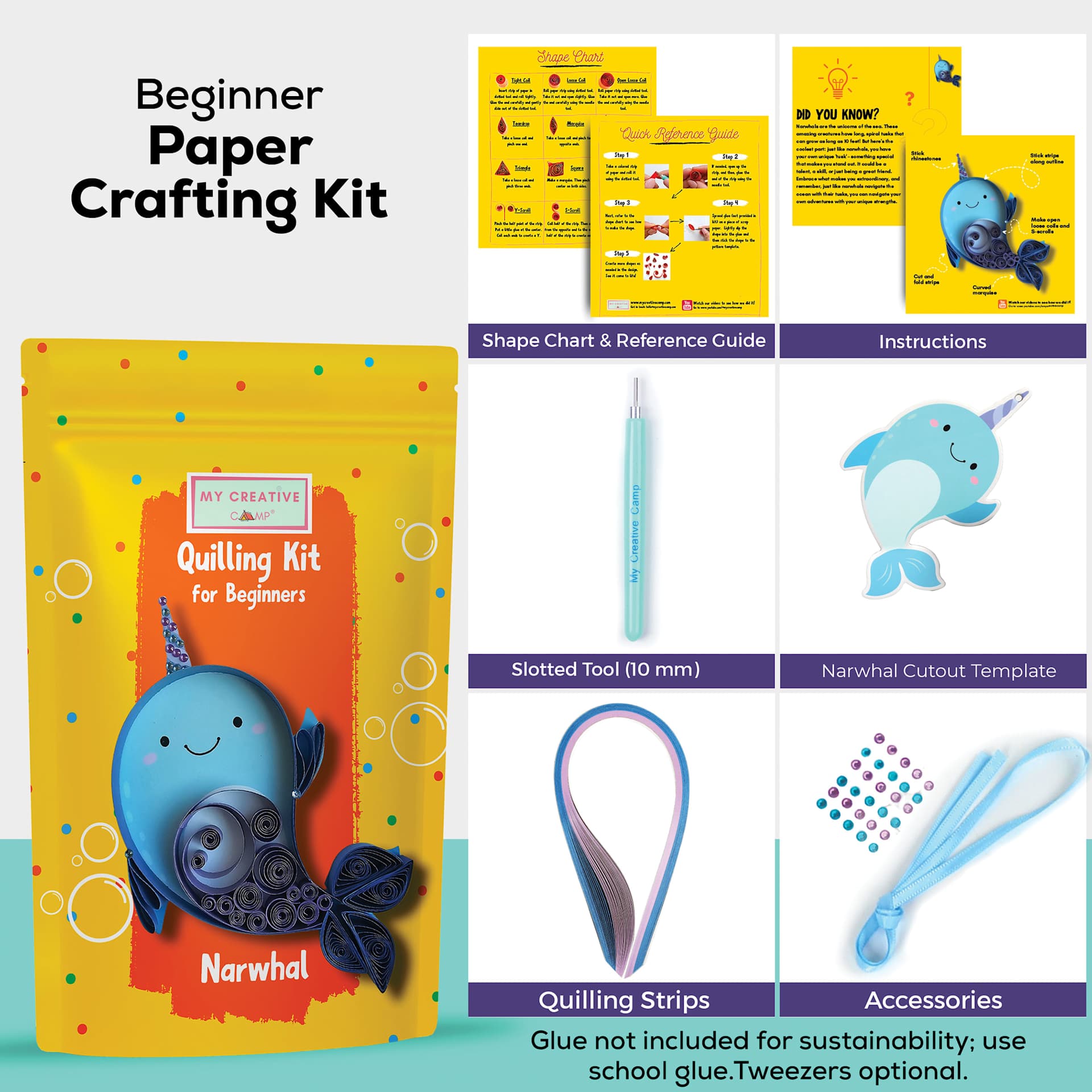 My Creative Camp Beginner Quilling Craft Kit - Narwhal contents