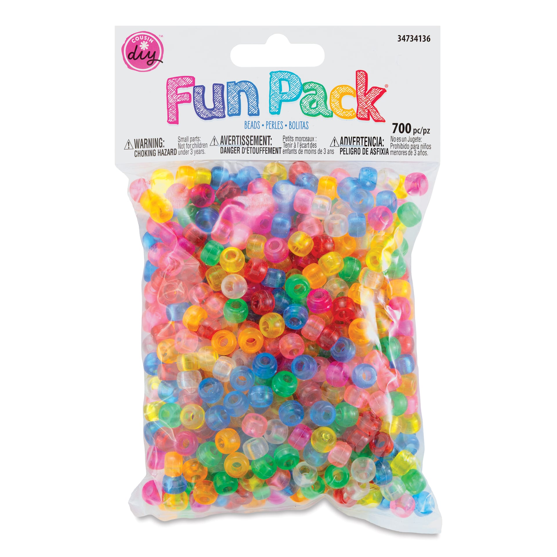 Cousin DIY Fun Pack Pony Beads - Pkg of 700, Transparent Rainbow, 6 mm x 9 mm front of packaging