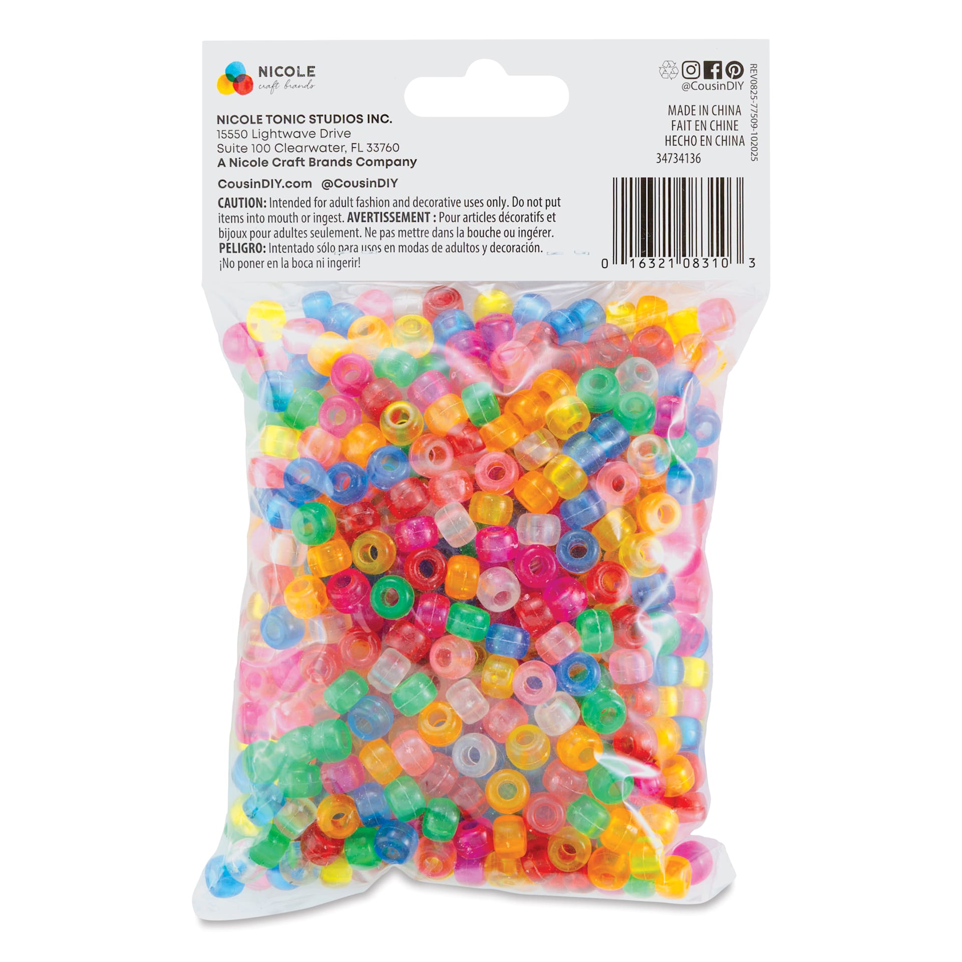 Cousin DIY Fun Pack Pony Beads - Pkg of 700, Transparent Rainbow, 6 mm x 9 mm back of packaging