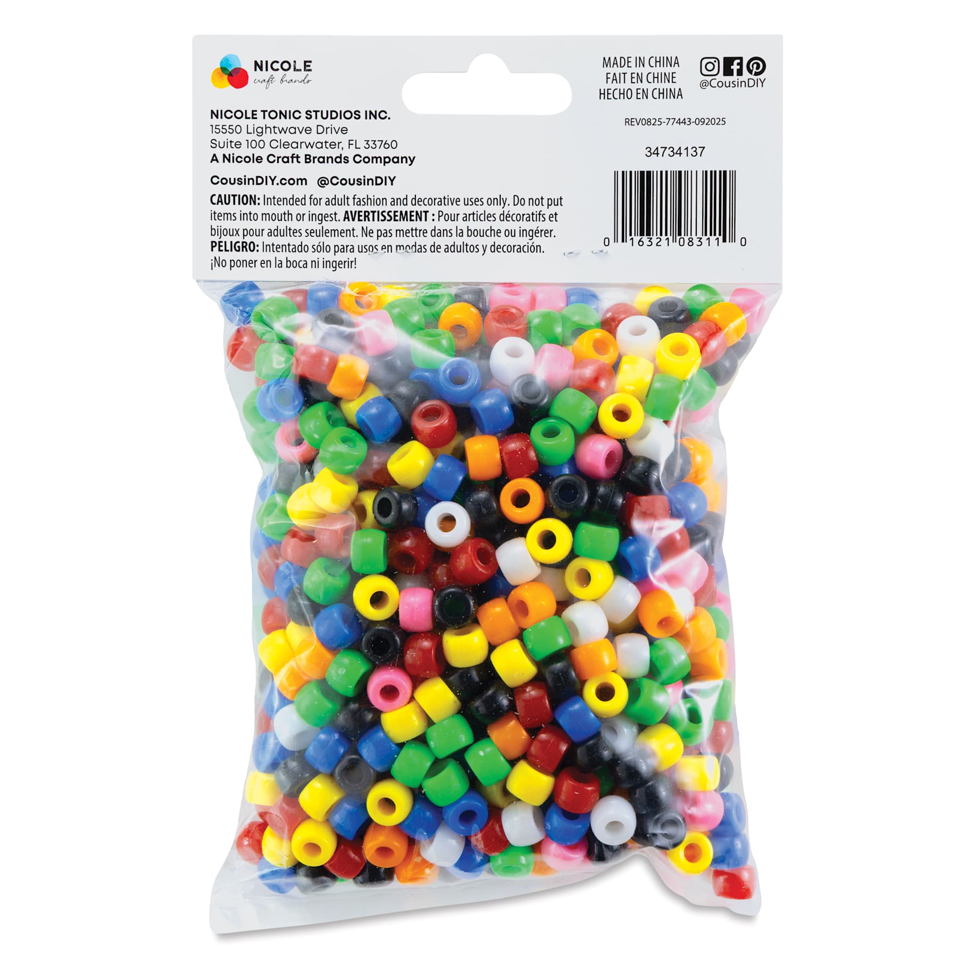 Cousin DIY Fun Pack Pony Beads - Pkg of 700, Rainbow, 6 mm x 9 mm back of packaging