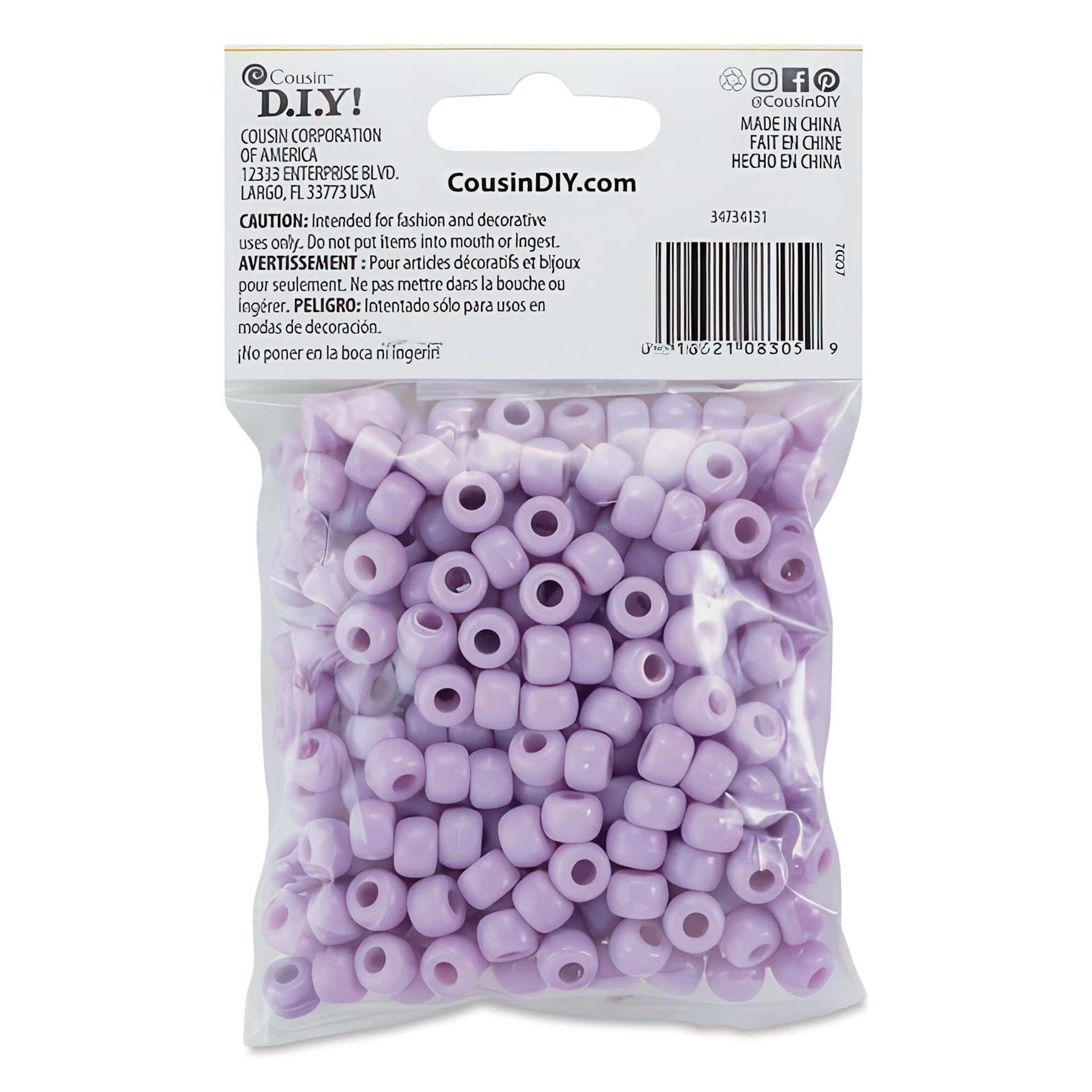 Cousin DIY Fun Pack Pony Beads - Pkg of 250, Purple, 6 mm x 9 mm back of packaging