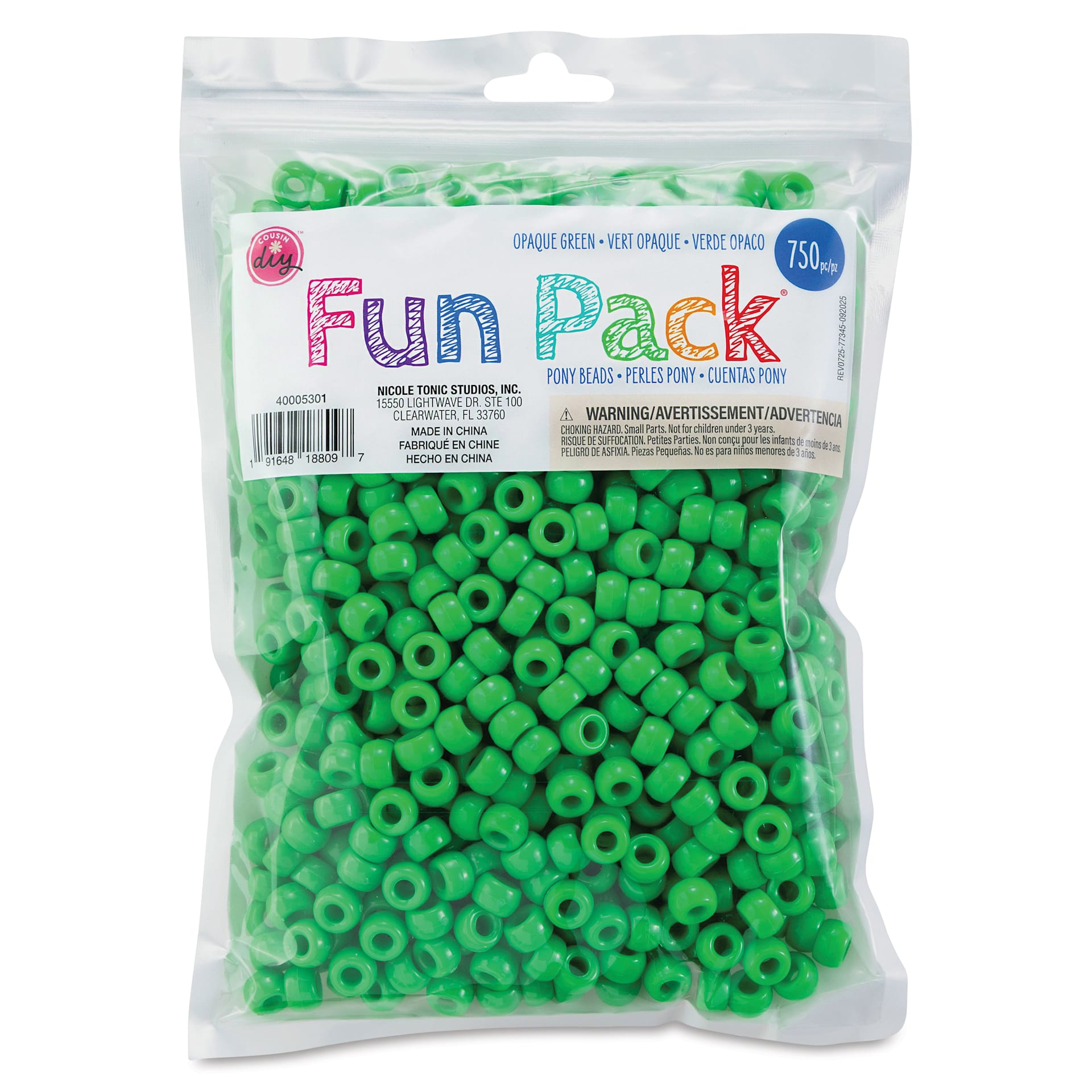 Cousin DIY Fun Pack Pony Beads - Pkg of 750, Green, 6 mm x 9 mm front of packaging