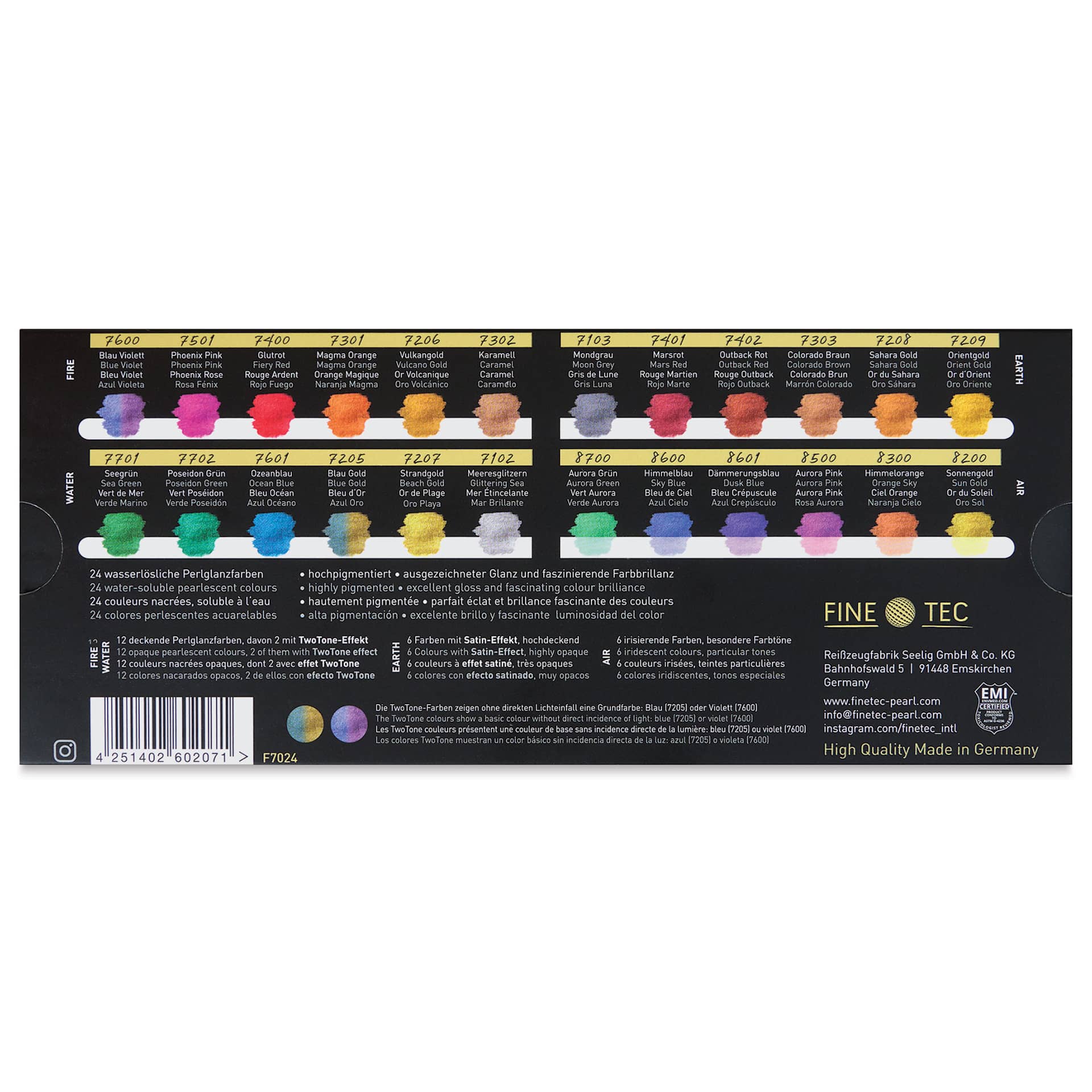 Finetec Premium Pearlescent Watercolor Pans Set - Four Elements, Set of 24 back of package