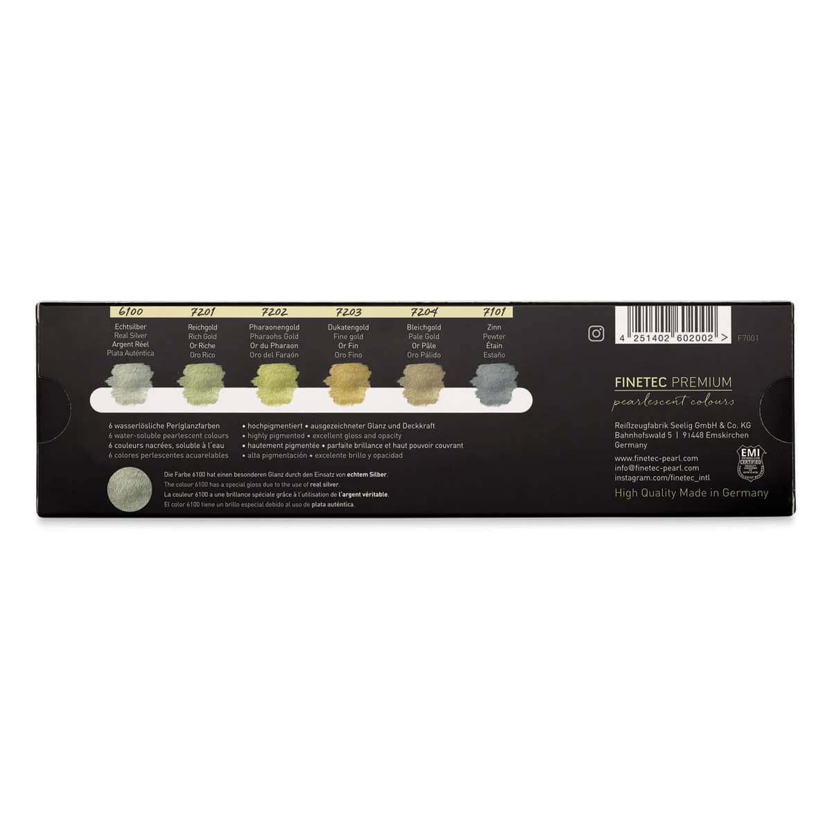 Finetec Premium Watercolor Pans Set - Pearlescent Antique Tones, Set of 6 (Back of packaging)