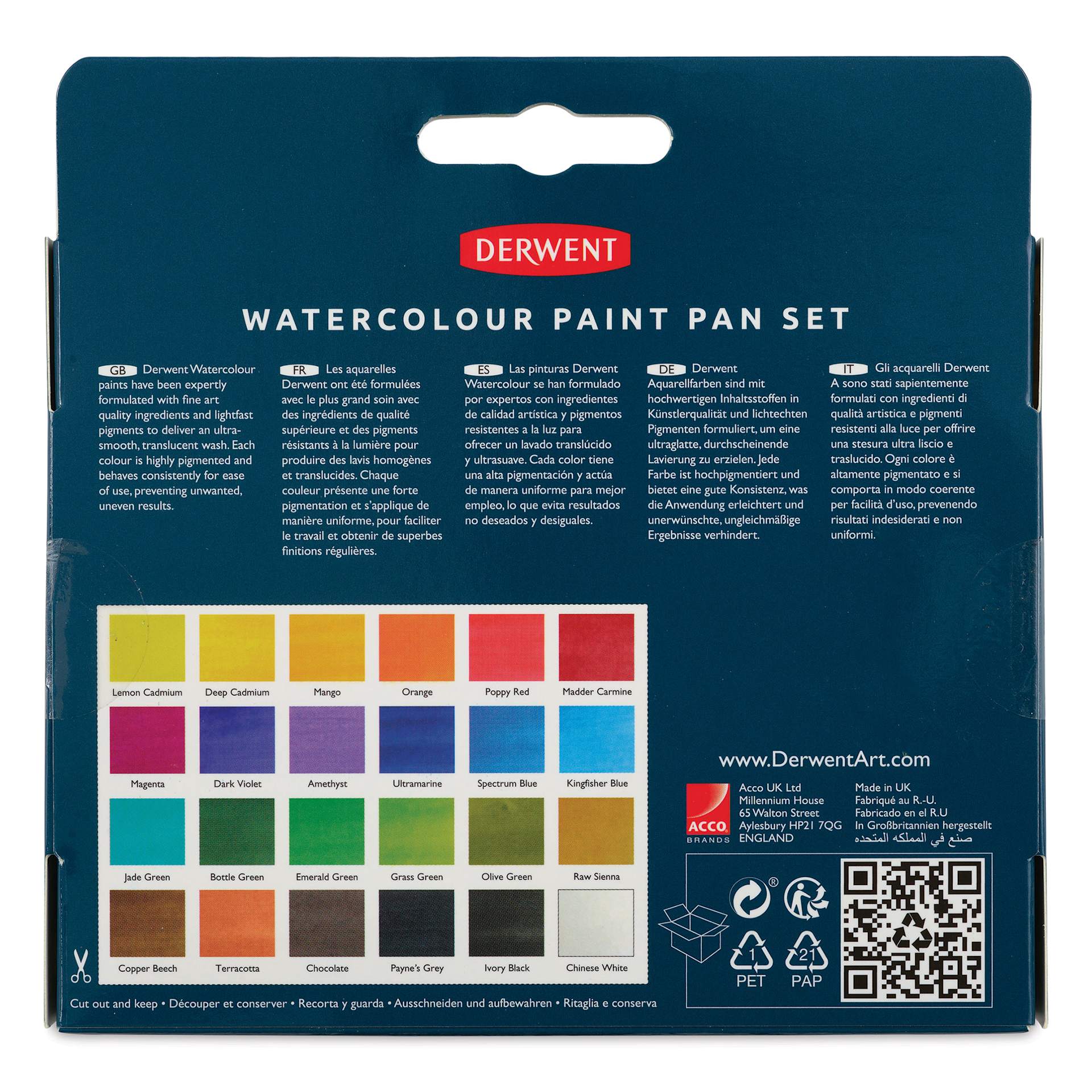 Derwent Watercolor Half Pan Paint - Set of 24, Assorted back of package