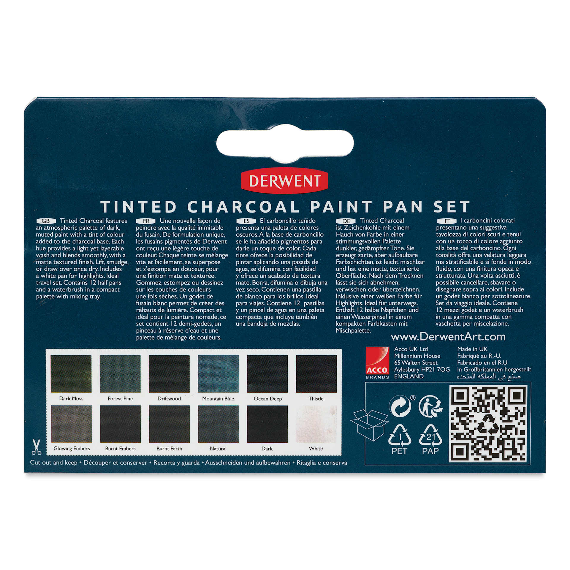 Derwent Tinted Charcoal Paint Pan Set - Set of 12, Assorted Colors back of package