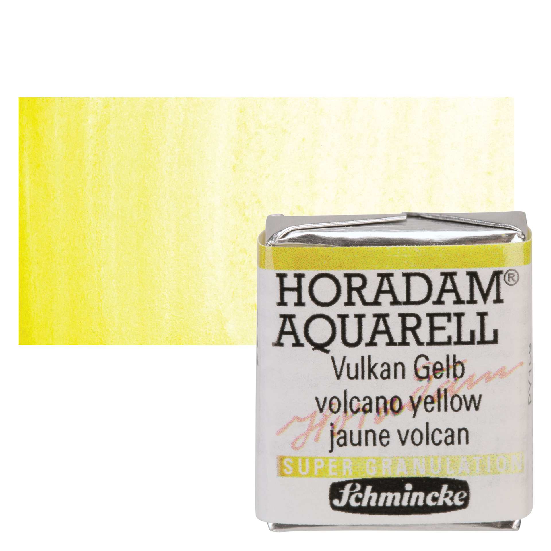 Schmincke Horadam Aquarell Artist Watercolor - Volcano Yellow, Supergranulation, Half Pan and swatch