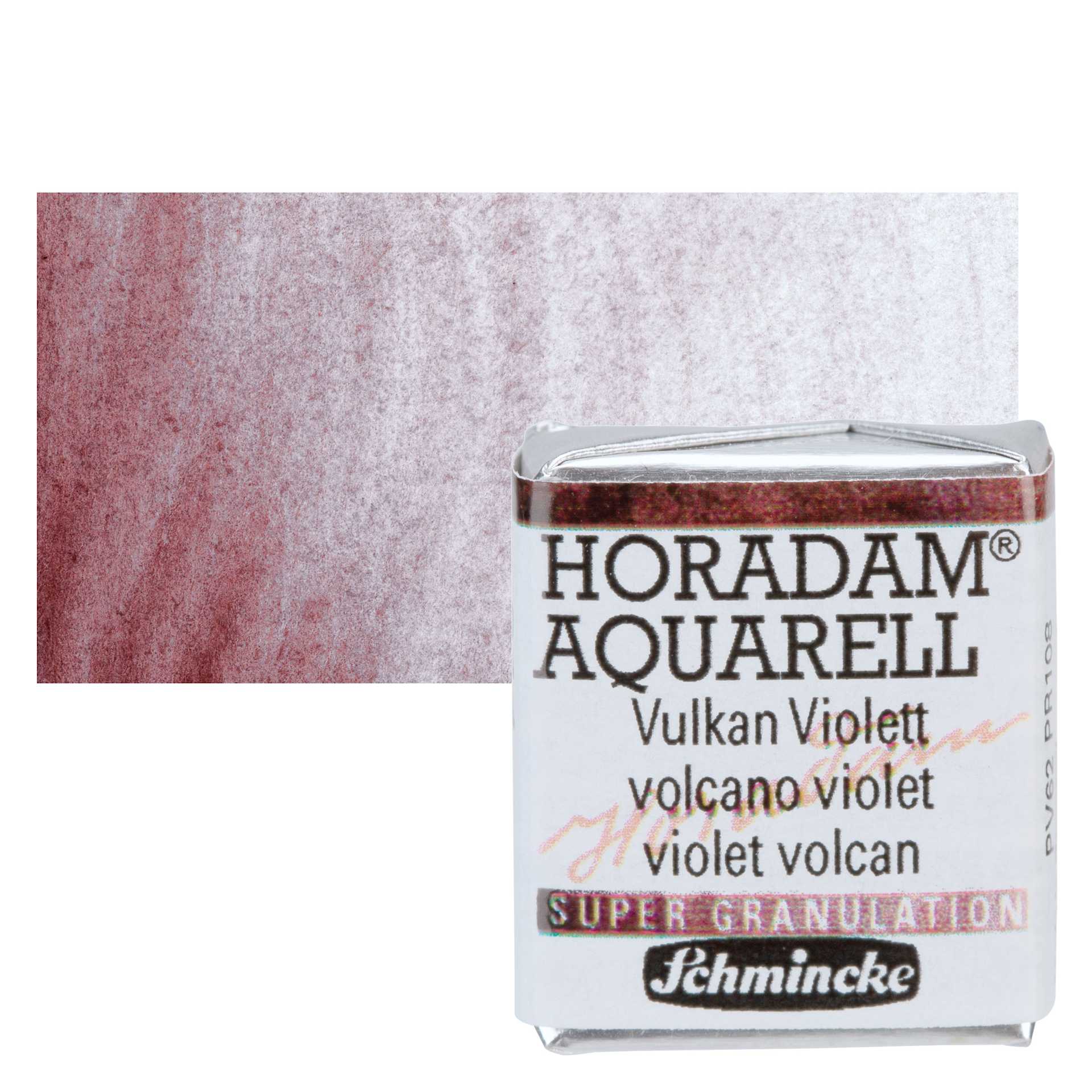 Schmincke Horadam Aquarell Artist Watercolor - Volcano Violet, Supergranulation, Half Pan and swatch Schmincke Horadam Aquarell Artist Watercolor - Volcano Violet, Supergranulation, Half Pan and swatch