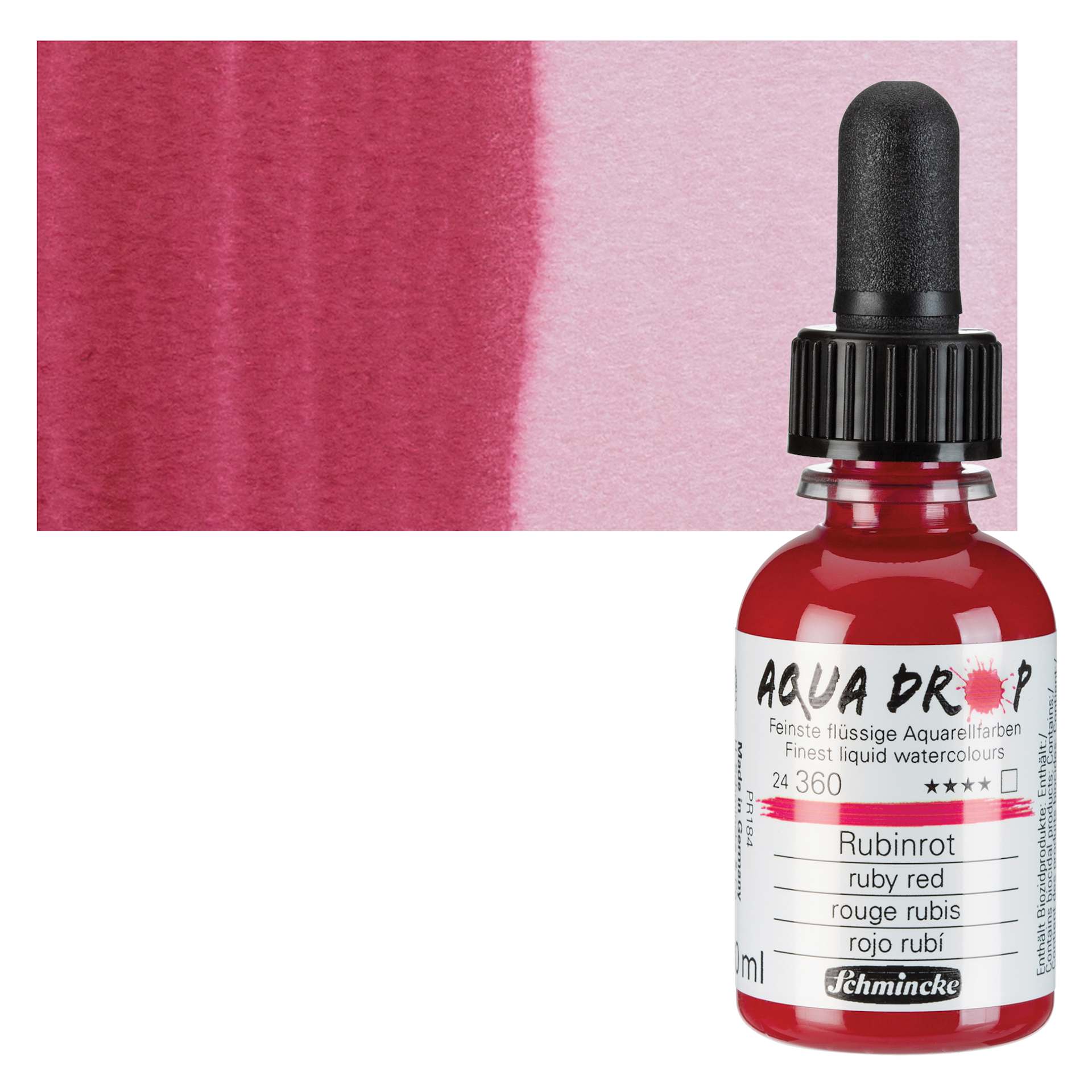 Schmincke Aqua Drop Watercolor - Ruby Red, 30 ml bottle and swatch
