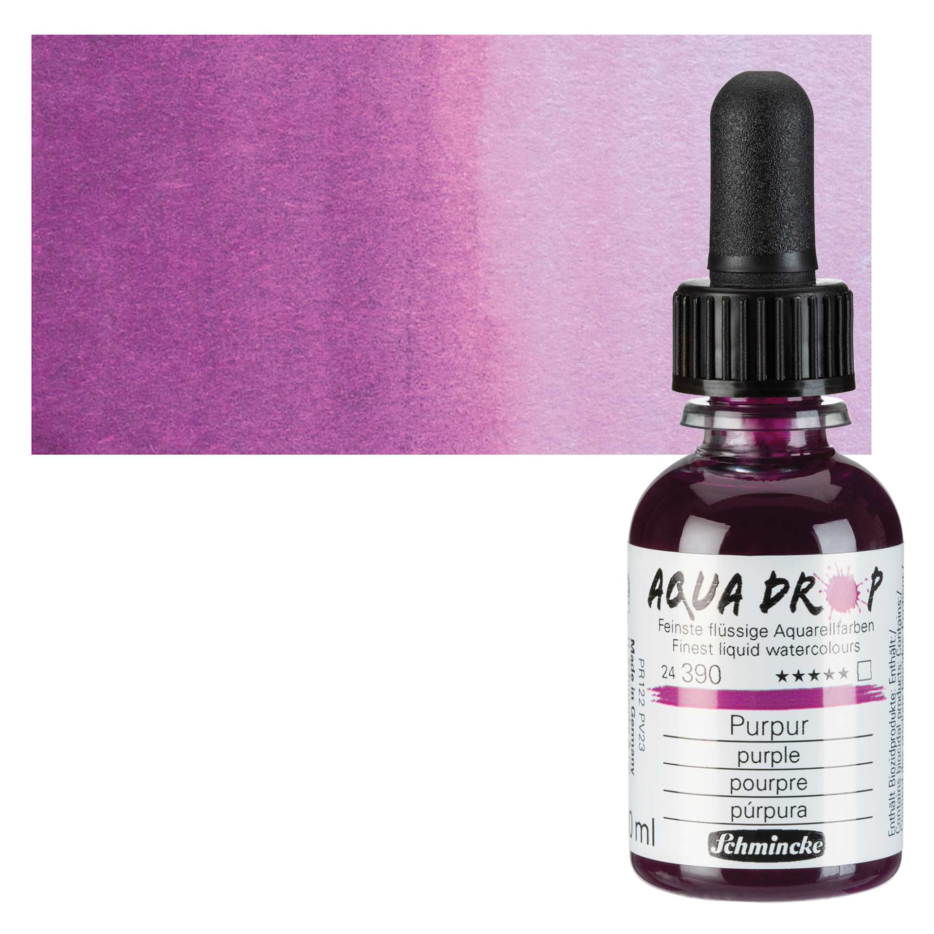 Schmincke Aqua Drop Watercolor - Purple, 30 ml bottle and swatch