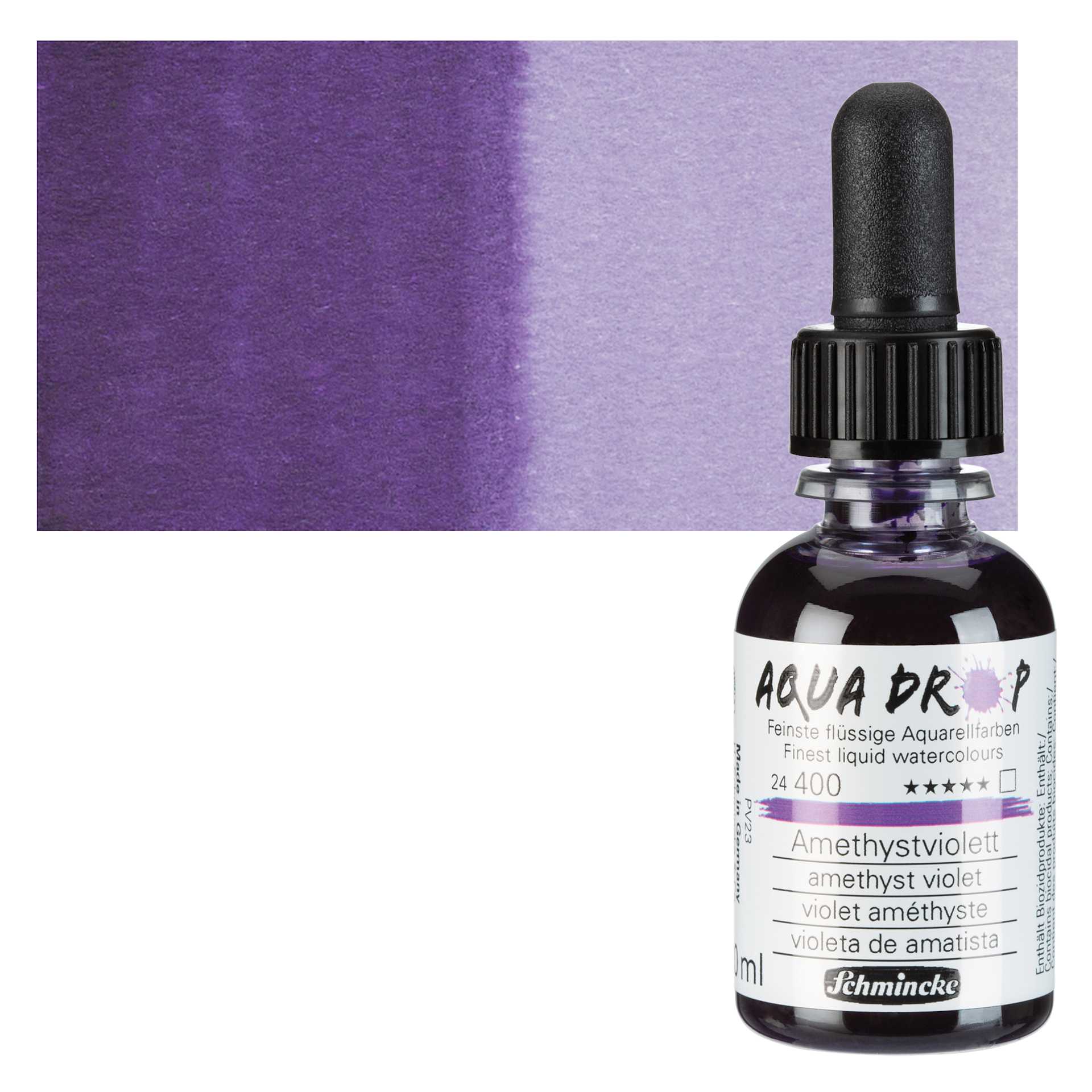 Schmincke Aqua Drop Watercolor - Amethyst Violet, 30 ml bottle bottle and swatch