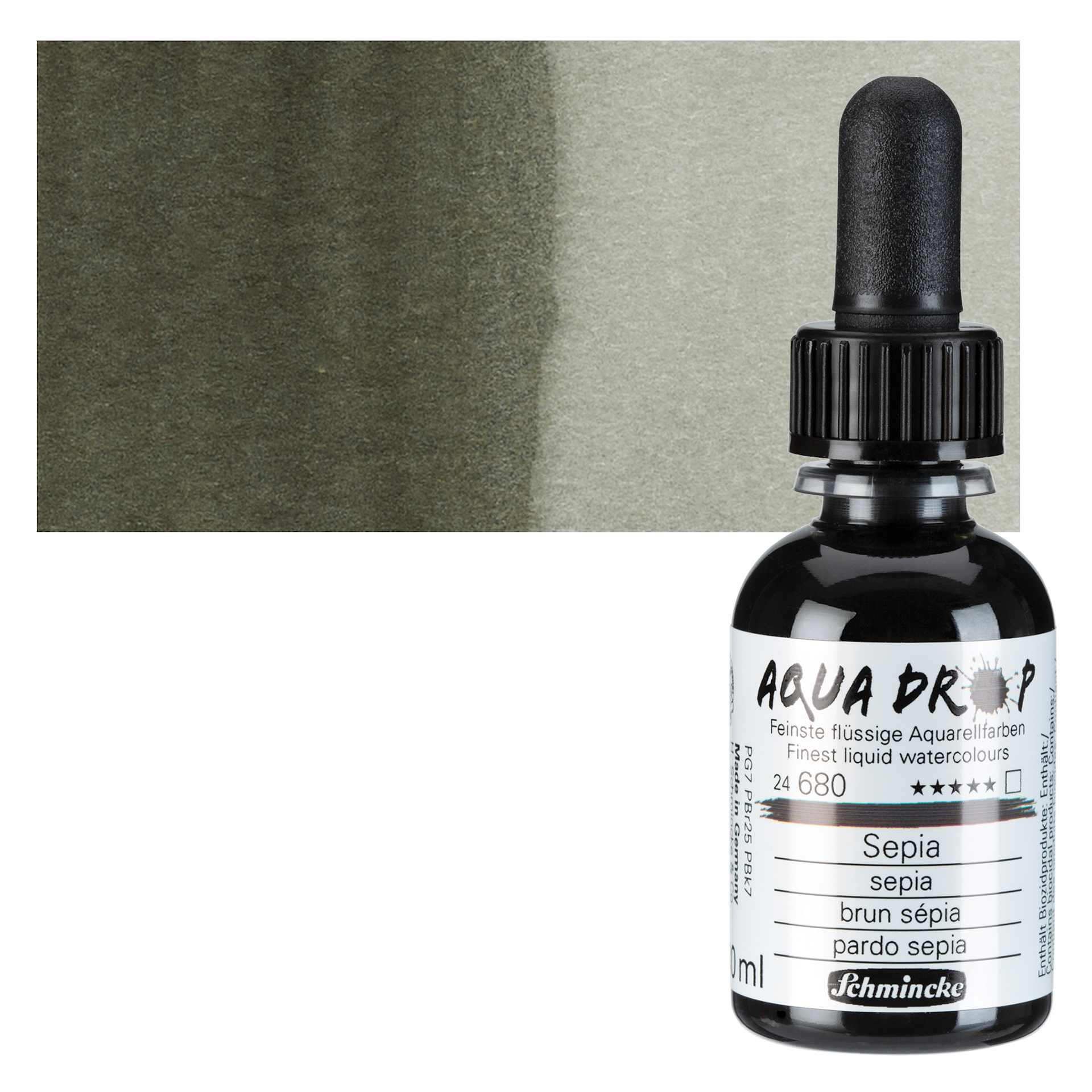 Schmincke Aqua Drop Watercolor - Sepia, 30 ml bottle and swatch