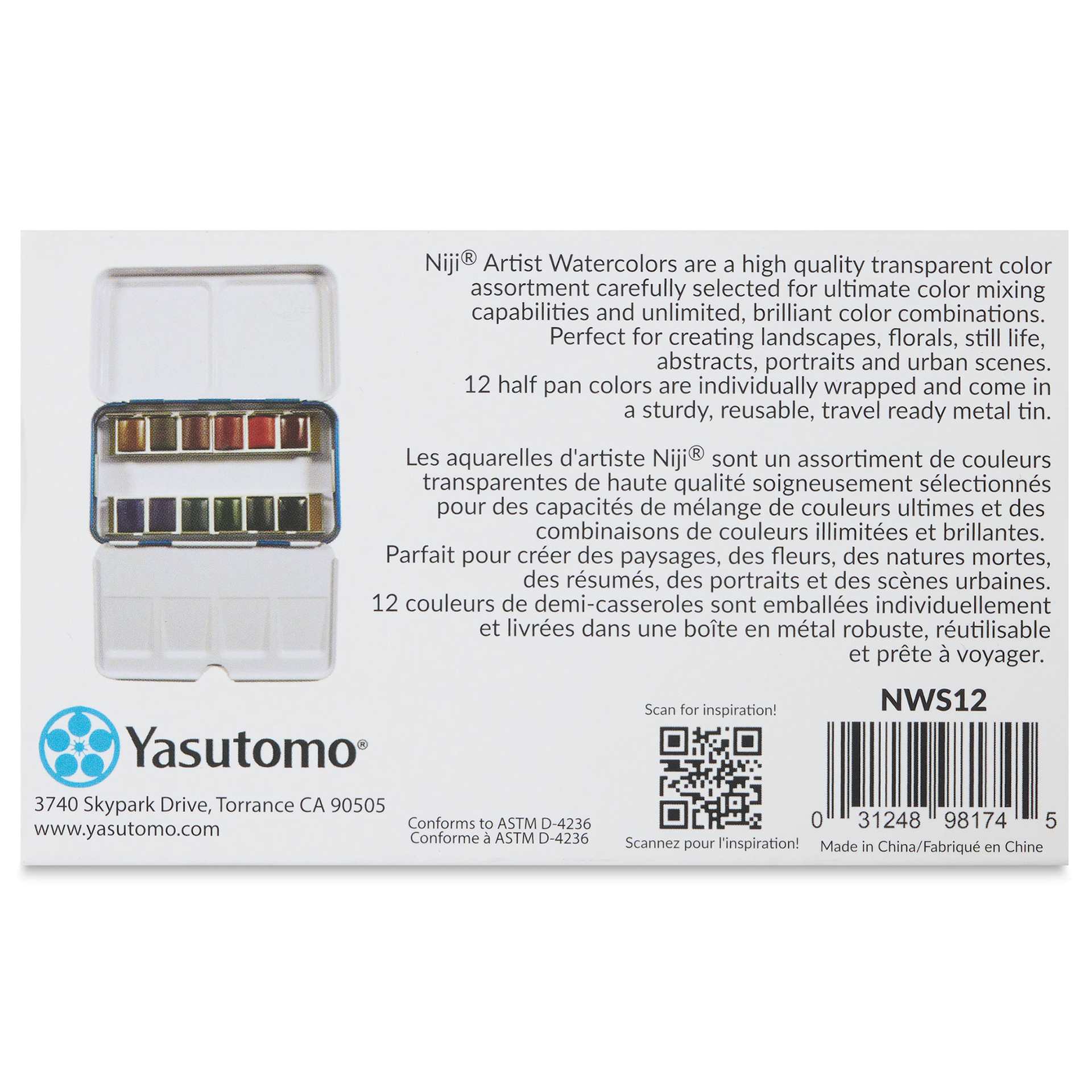 Niji Artist Watercolor Pan Set - Essential, Set of 12 (back of package)