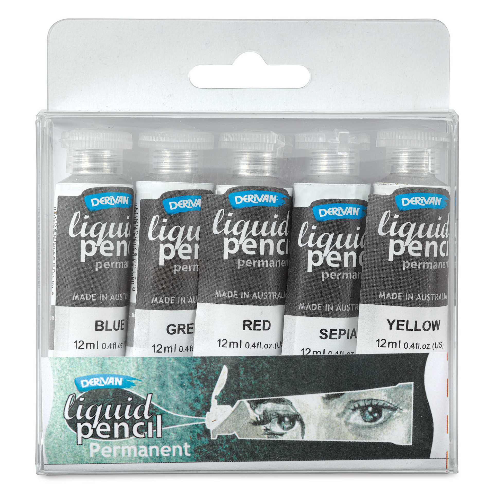 Derivan Permanent Liquid Pencil Tubes Set - Set of 5, 12 ml, front of packaging Derivan Permanent Liquid Pencil Tubes Set - Set of 5, 12 ml, front of packaging