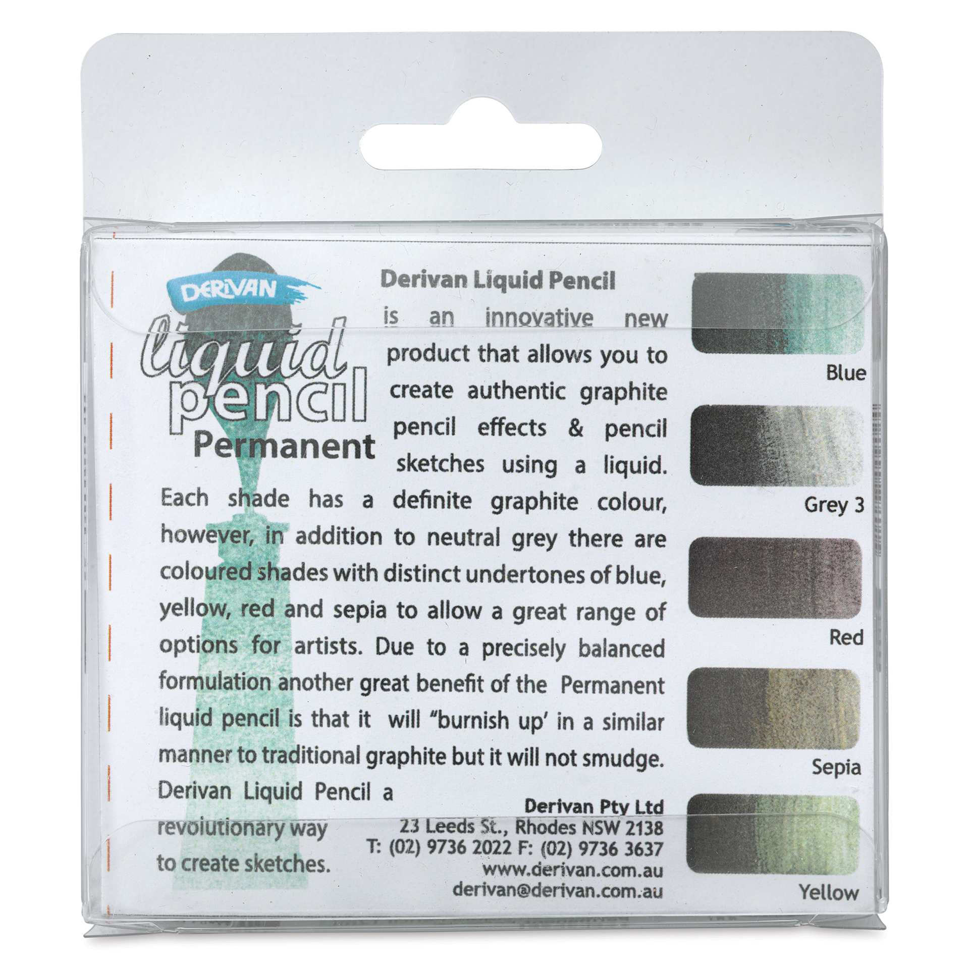 Derivan Permanent Liquid Pencil Tubes Set - Set of 5, 12 ml, back of packaging