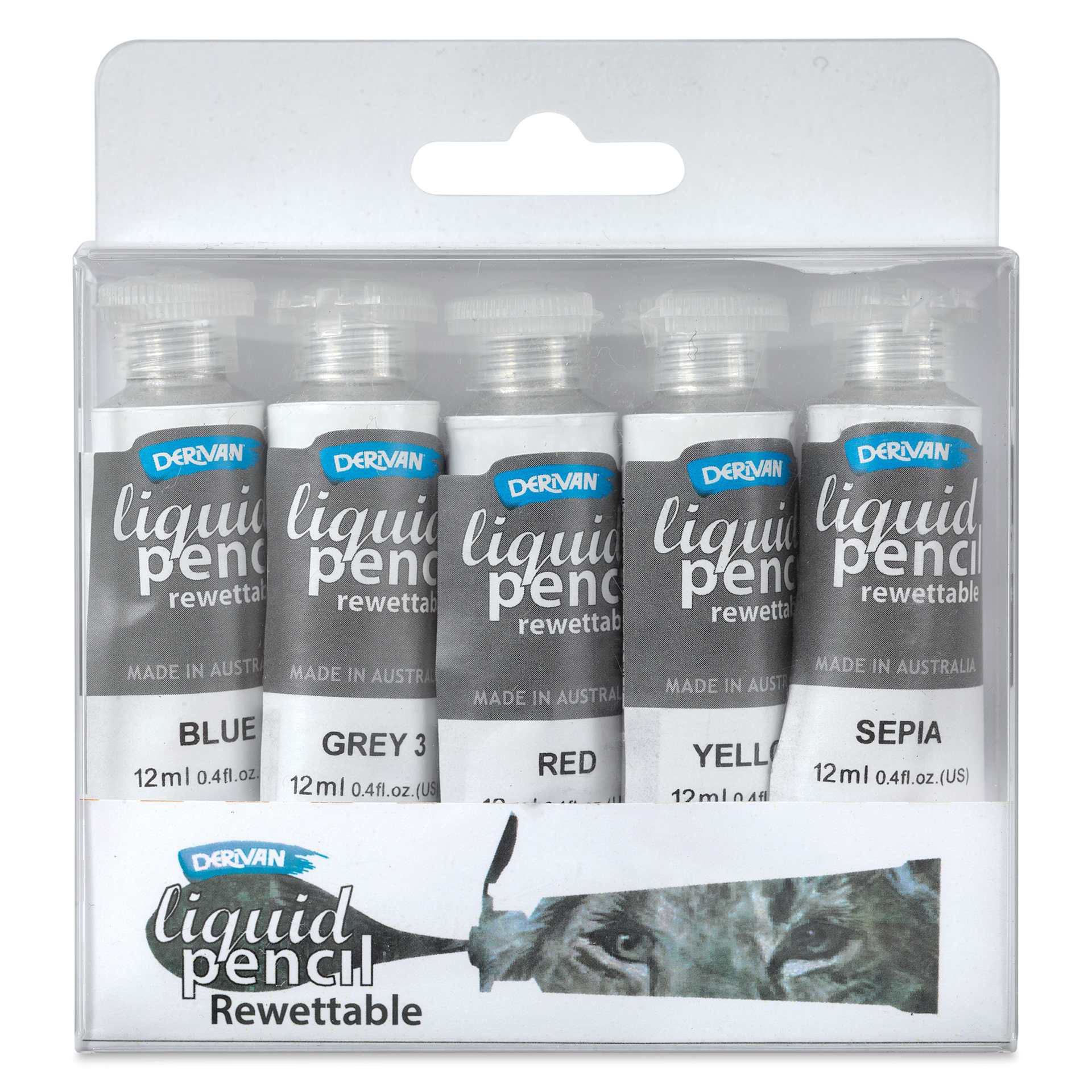 Derivan Rewettable Liquid Pencil Tubes Set - Set of 5, 12 ml Tubes, front of packaging Derivan Rewettable Liquid Pencil Tubes Set - Set of 5, 12 ml Tubes, front of packaging