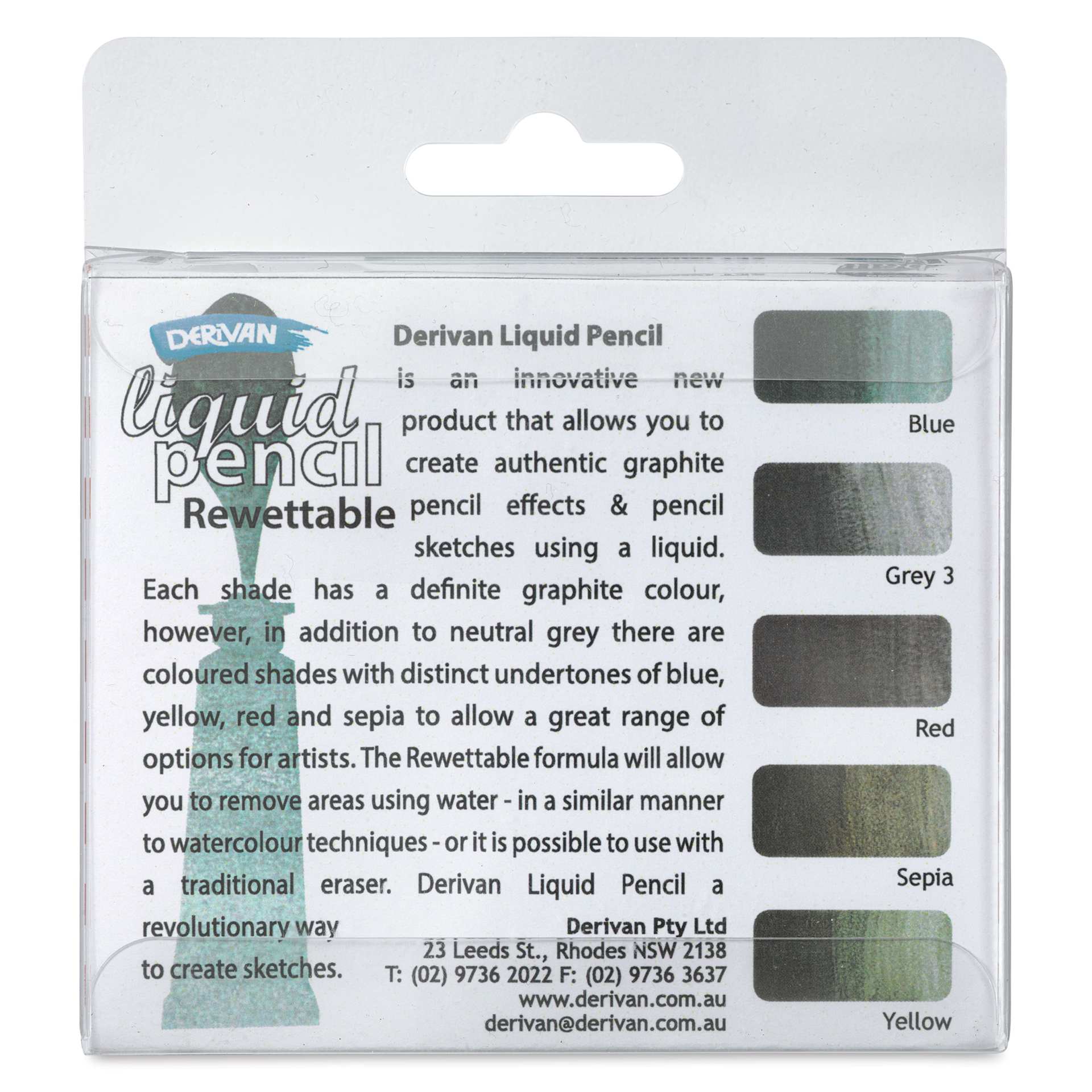 Derivan Rewettable Liquid Pencil Tubes Set - Set of 5, 12 ml Tubes, back of packaging