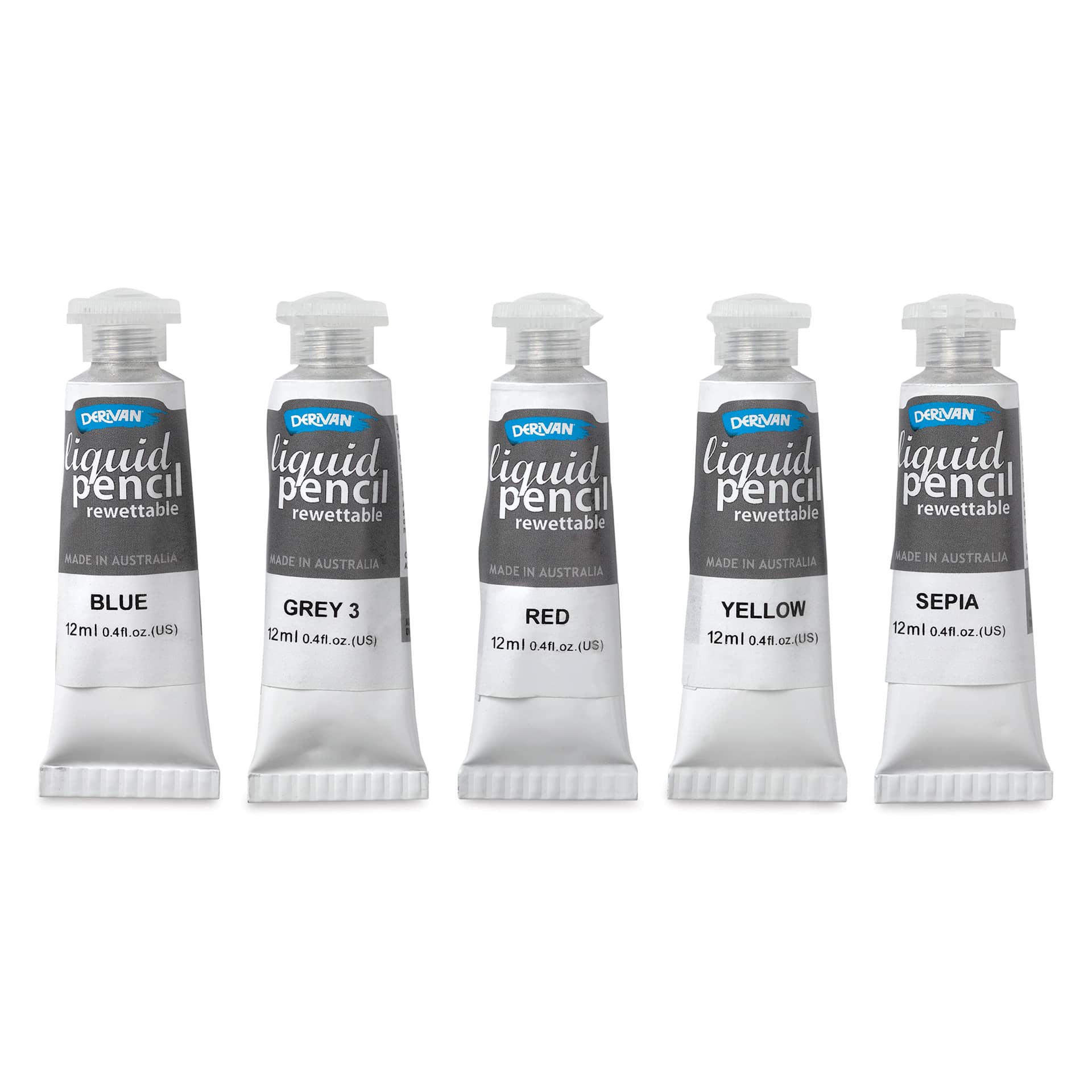 Derivan Rewettable Liquid Pencil Tubes Set - Set of 5, 12 ml Tubes, out of packaging